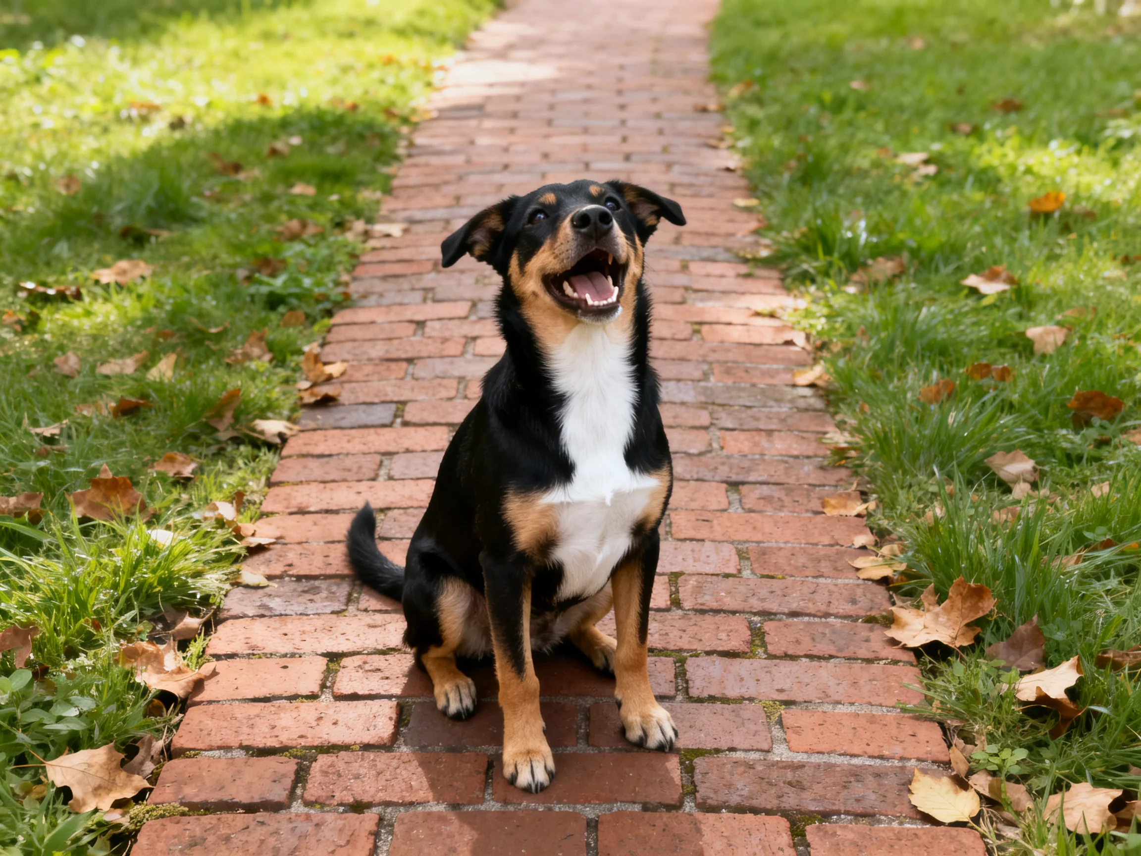 A multicolored dog sits on a brick path near green grass and fallen leaves.