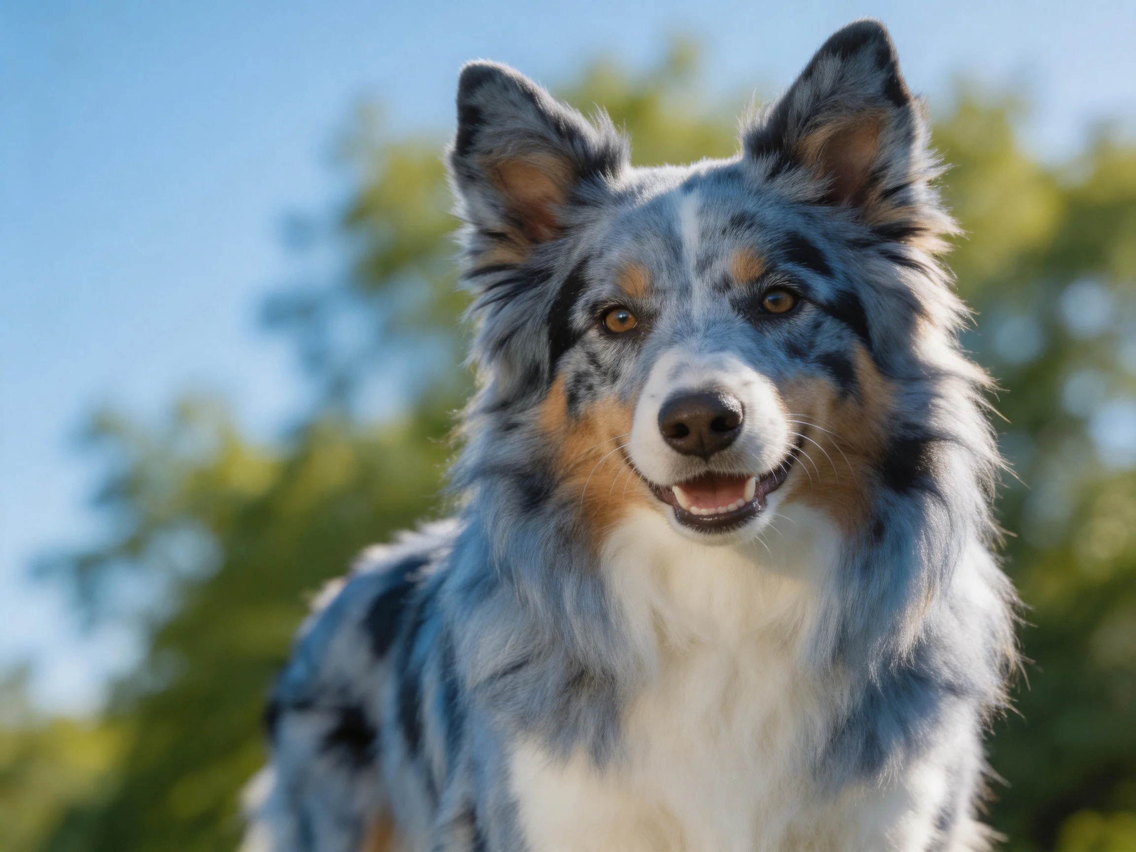 Blue merle dog with pointed ears in a sunny landscape