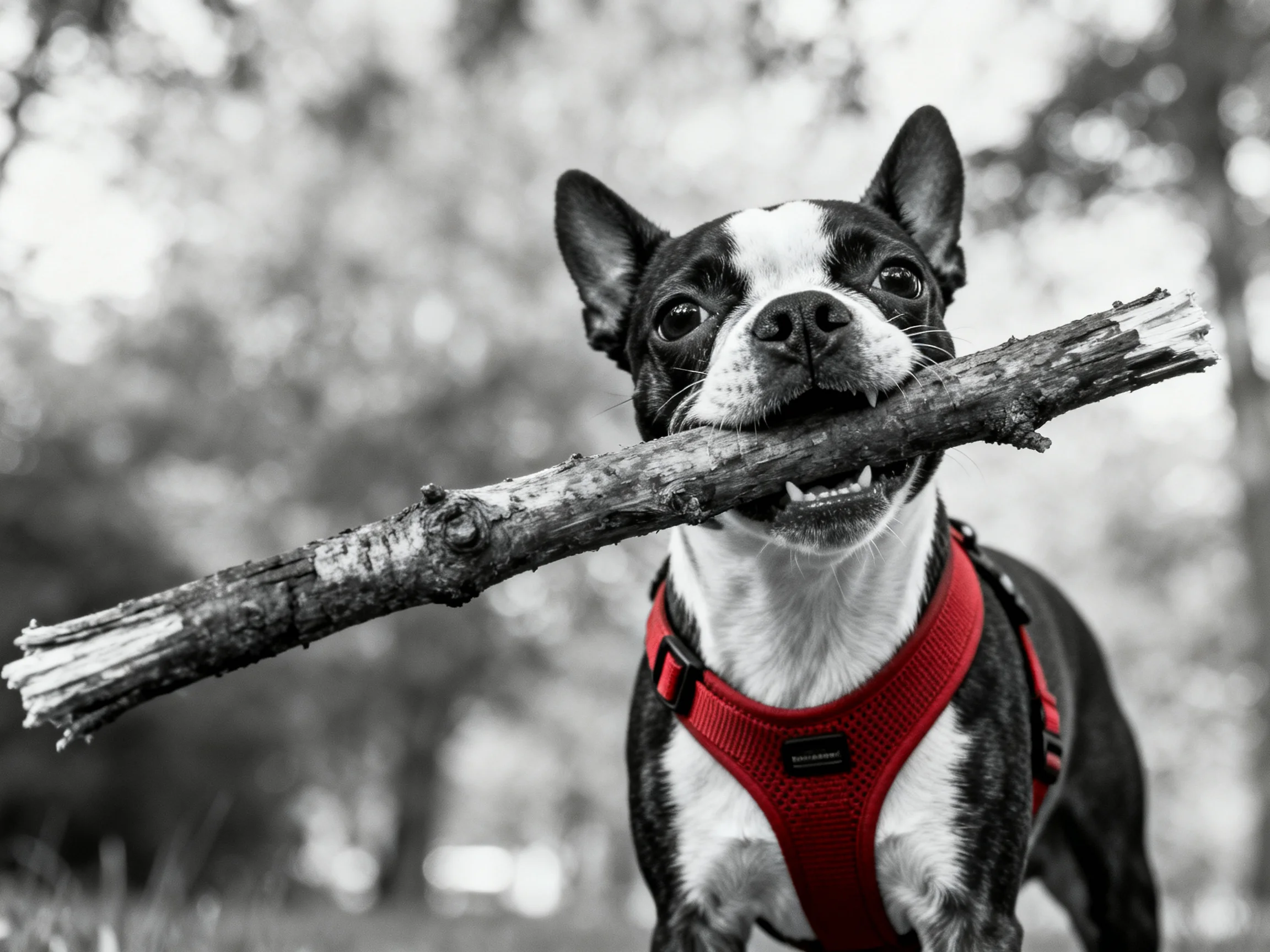 Boston Terrier in red harness carrying thick wooden stick outdoors