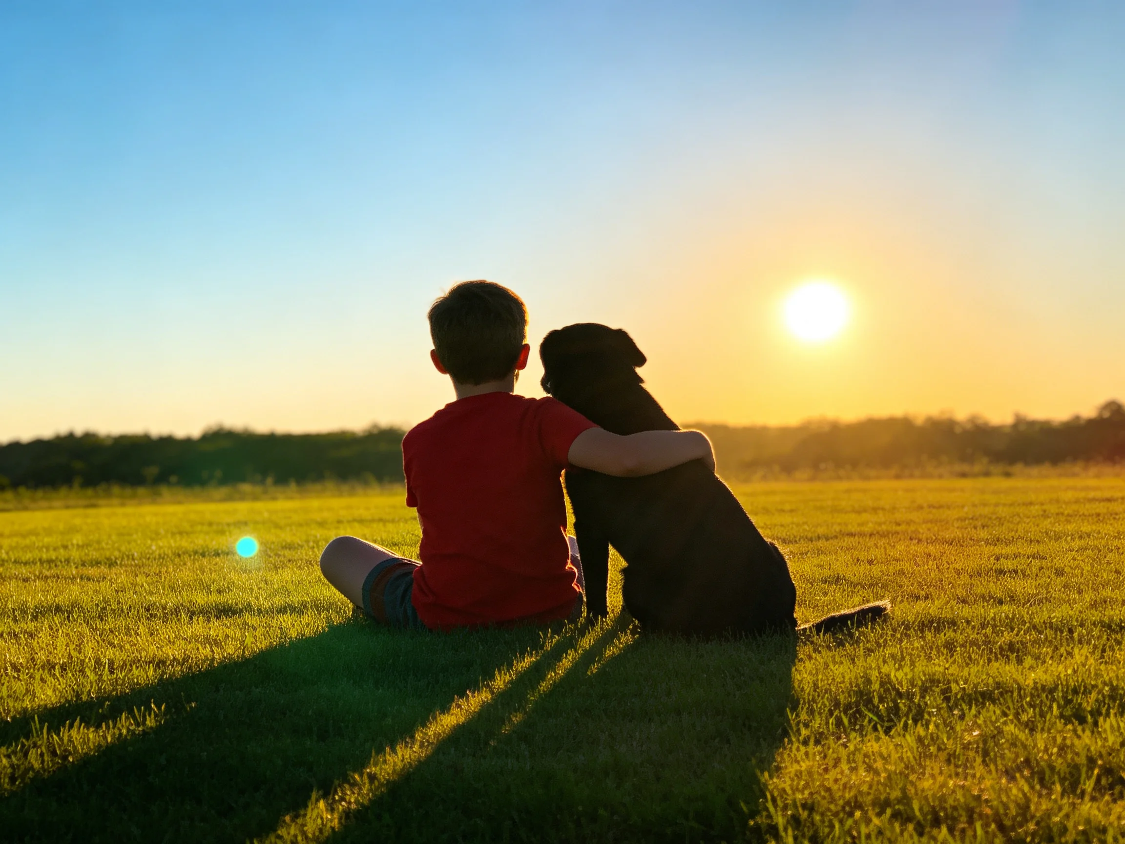 Boy in red shirt sits with black dog on sunlit grassy field at sunset