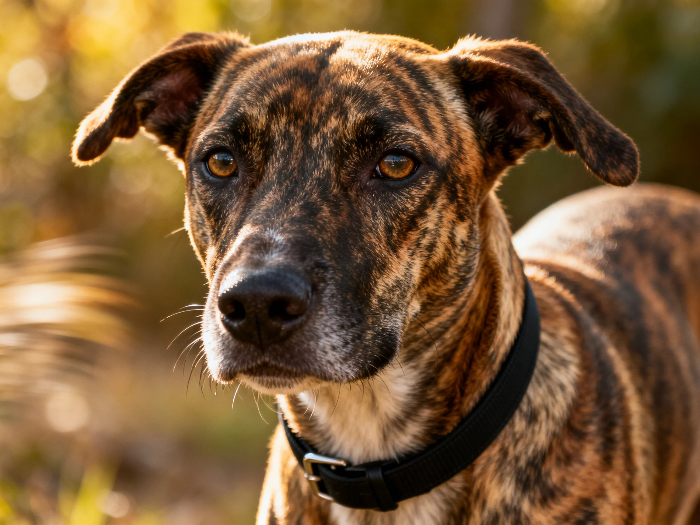 Brindle-coated dog with upright ears in natural light