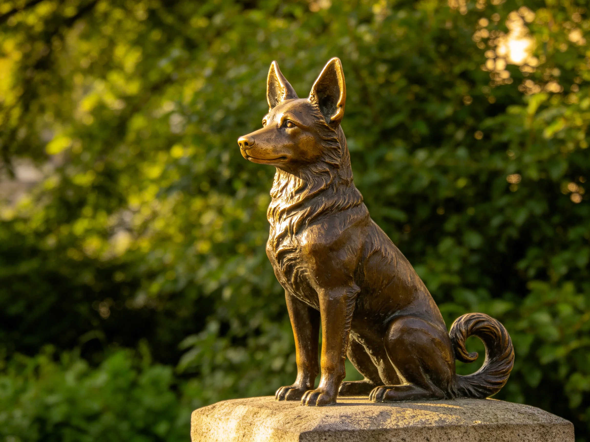 Bronze dog statue sitting on stone pedestal amid lush greenery