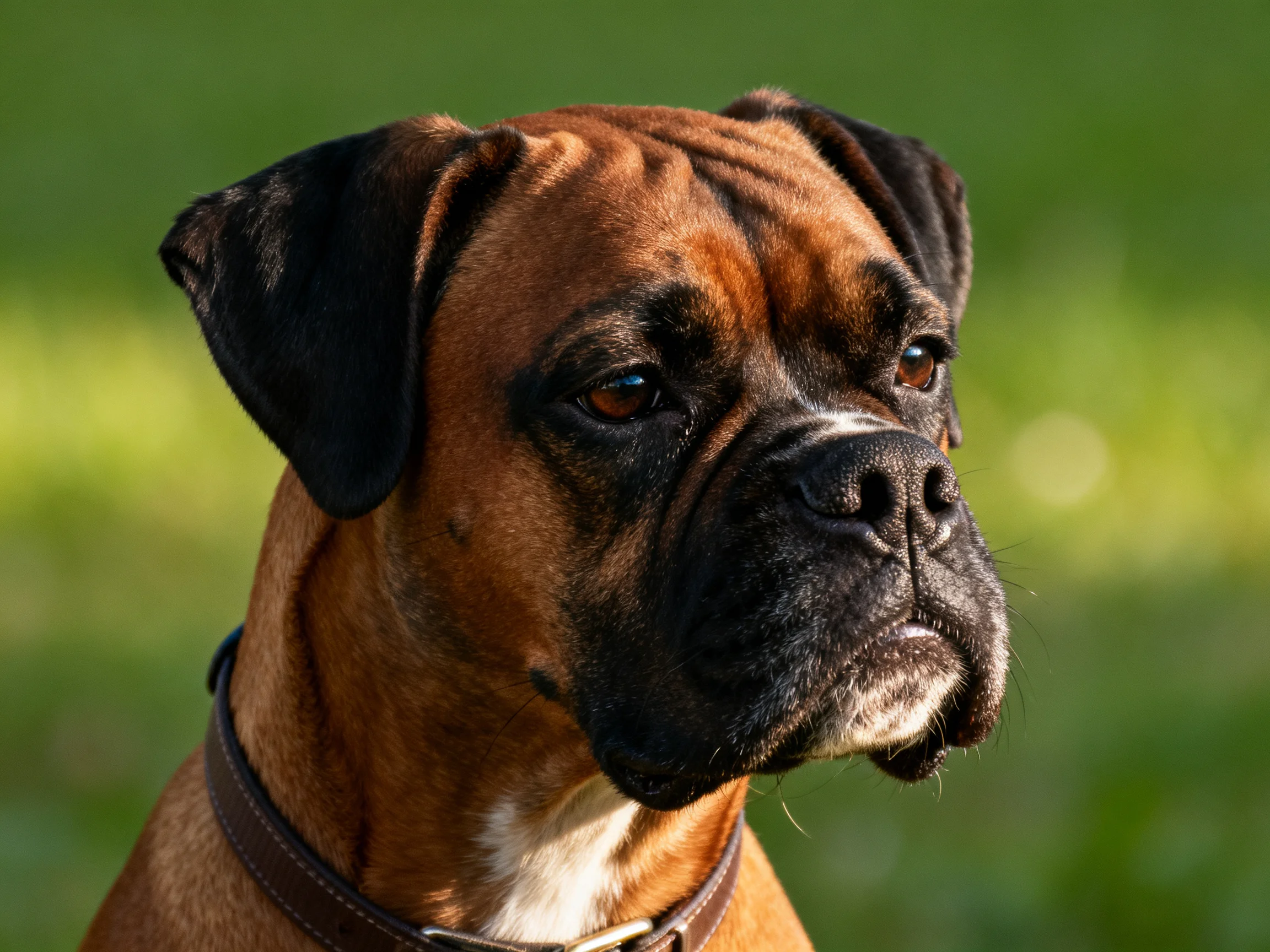 Brown Boxer dog with black ears in a green outdoor backdrop
