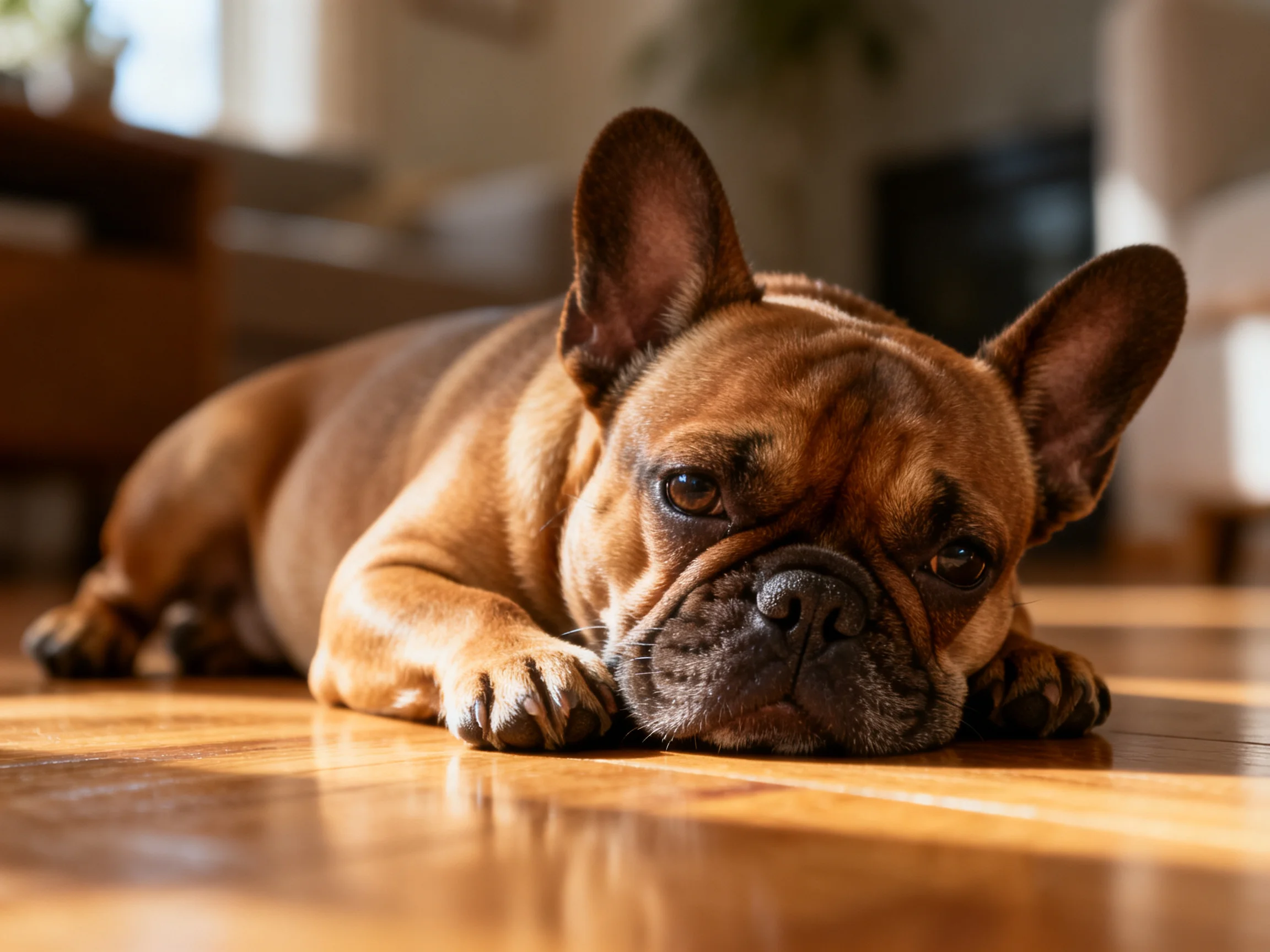 A brown French bulldog rests on a polished wood floor in a cozy indoor space.