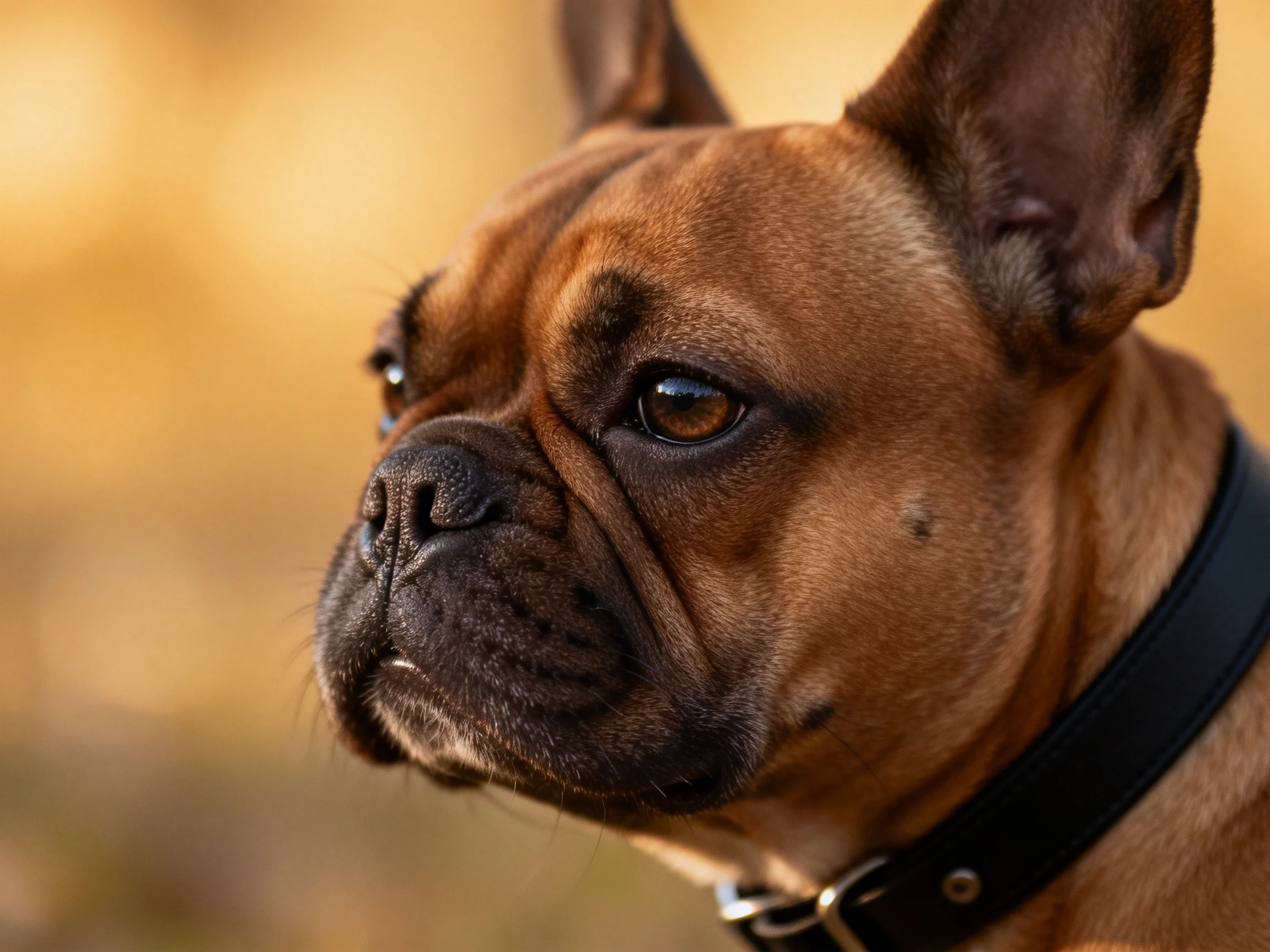 Brown French bulldog with black collar in golden outdoor scene