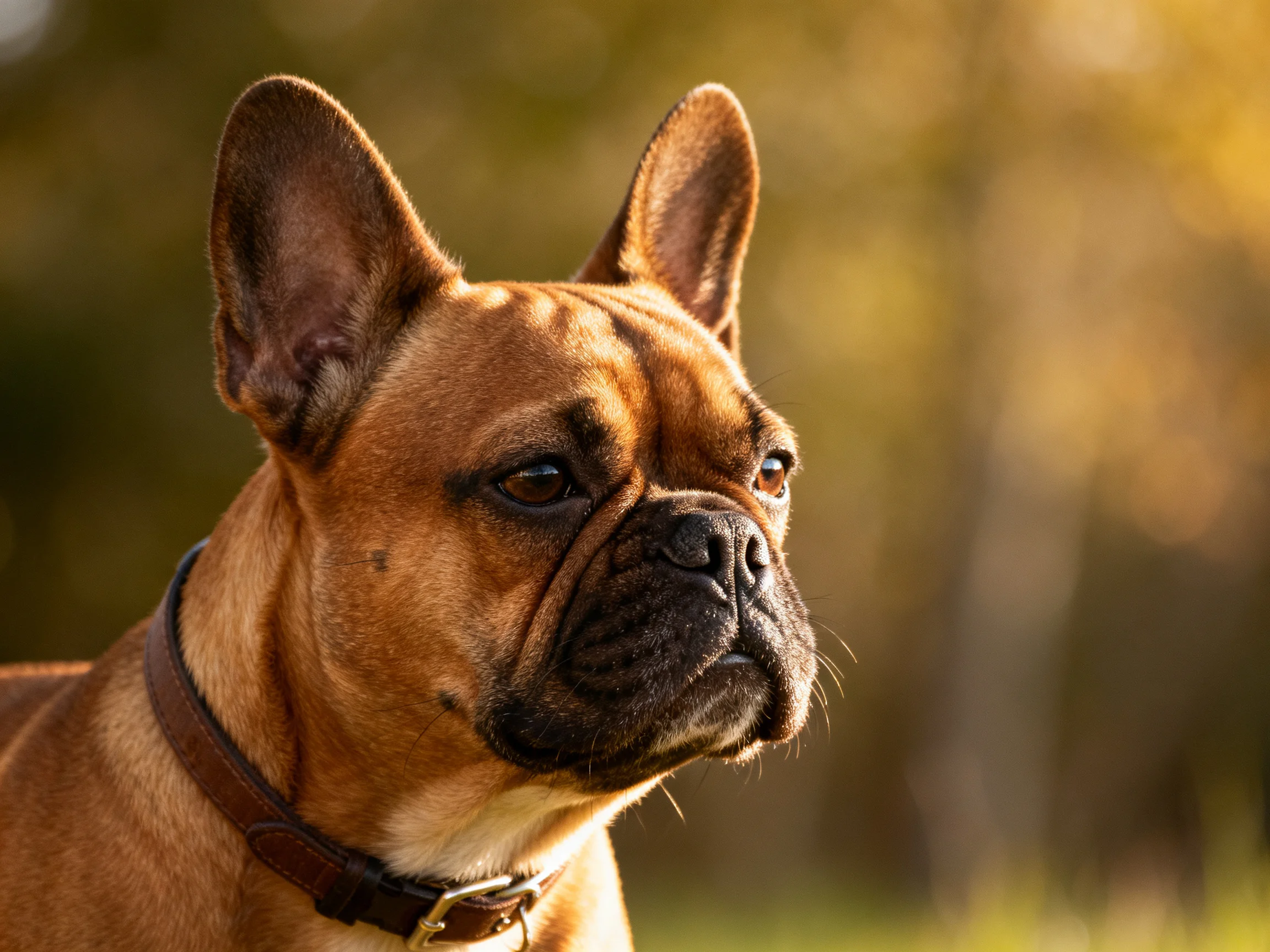 Brown French bulldog with upright ears in a sunlit outdoor setting