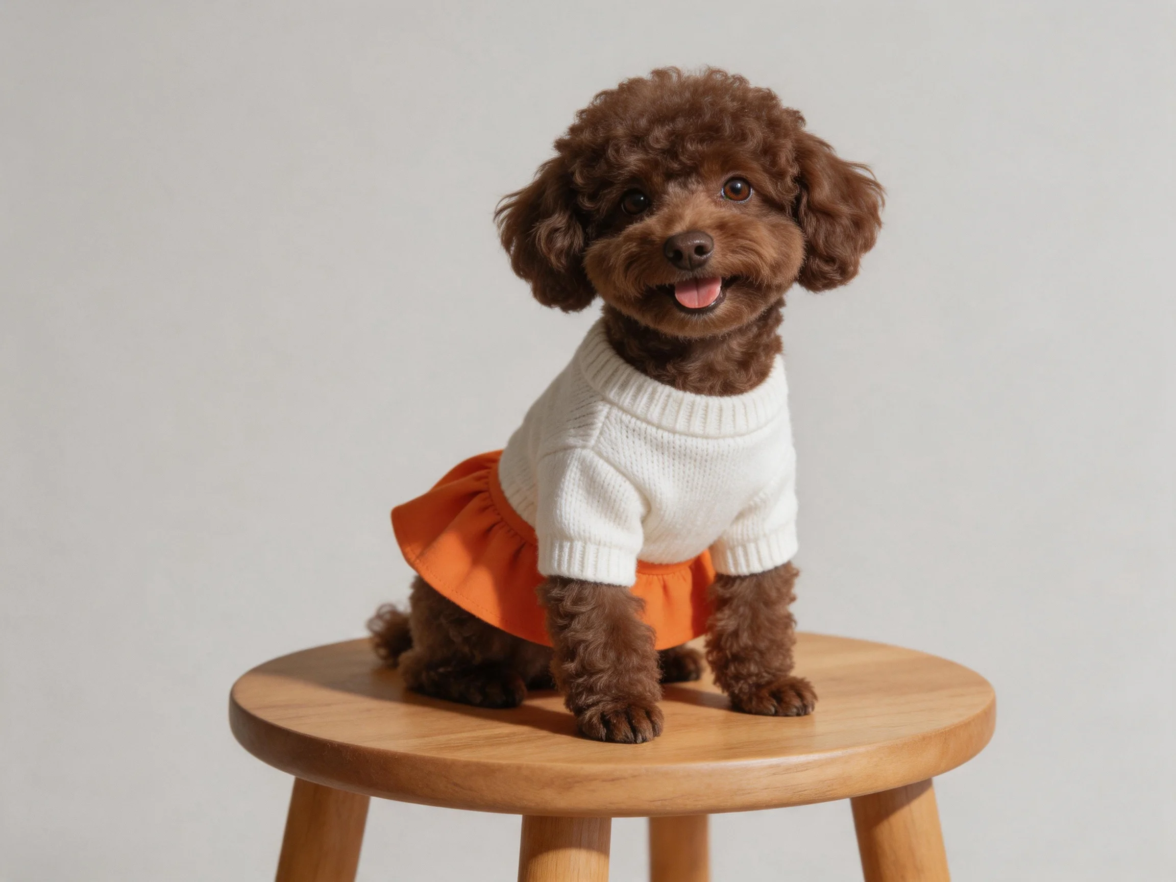 Brown Poodle Dog in White Sweater and Orange Skirt on Wooden Stool