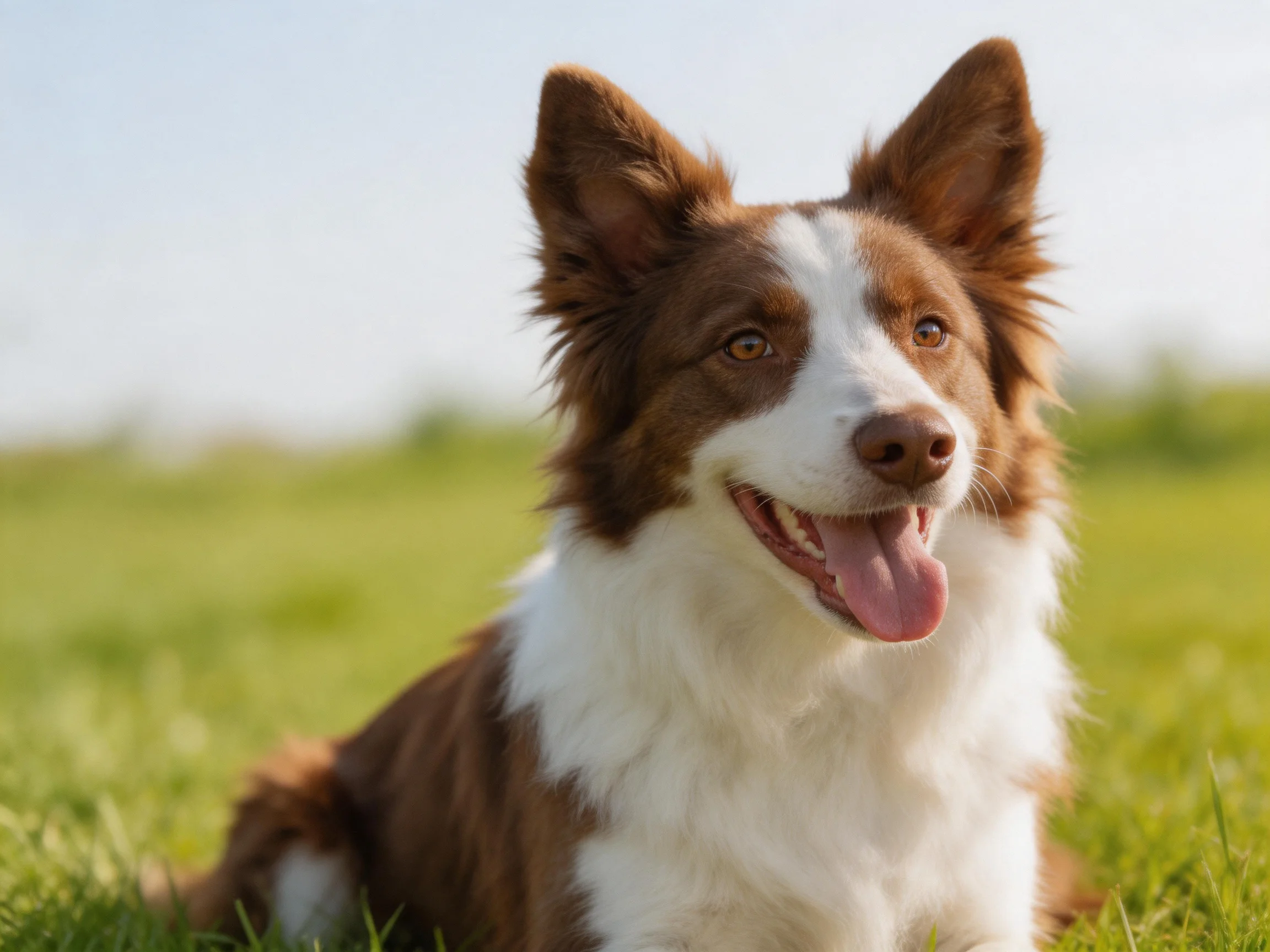 A brown and white Border Collie sits happily on sunlit grass.