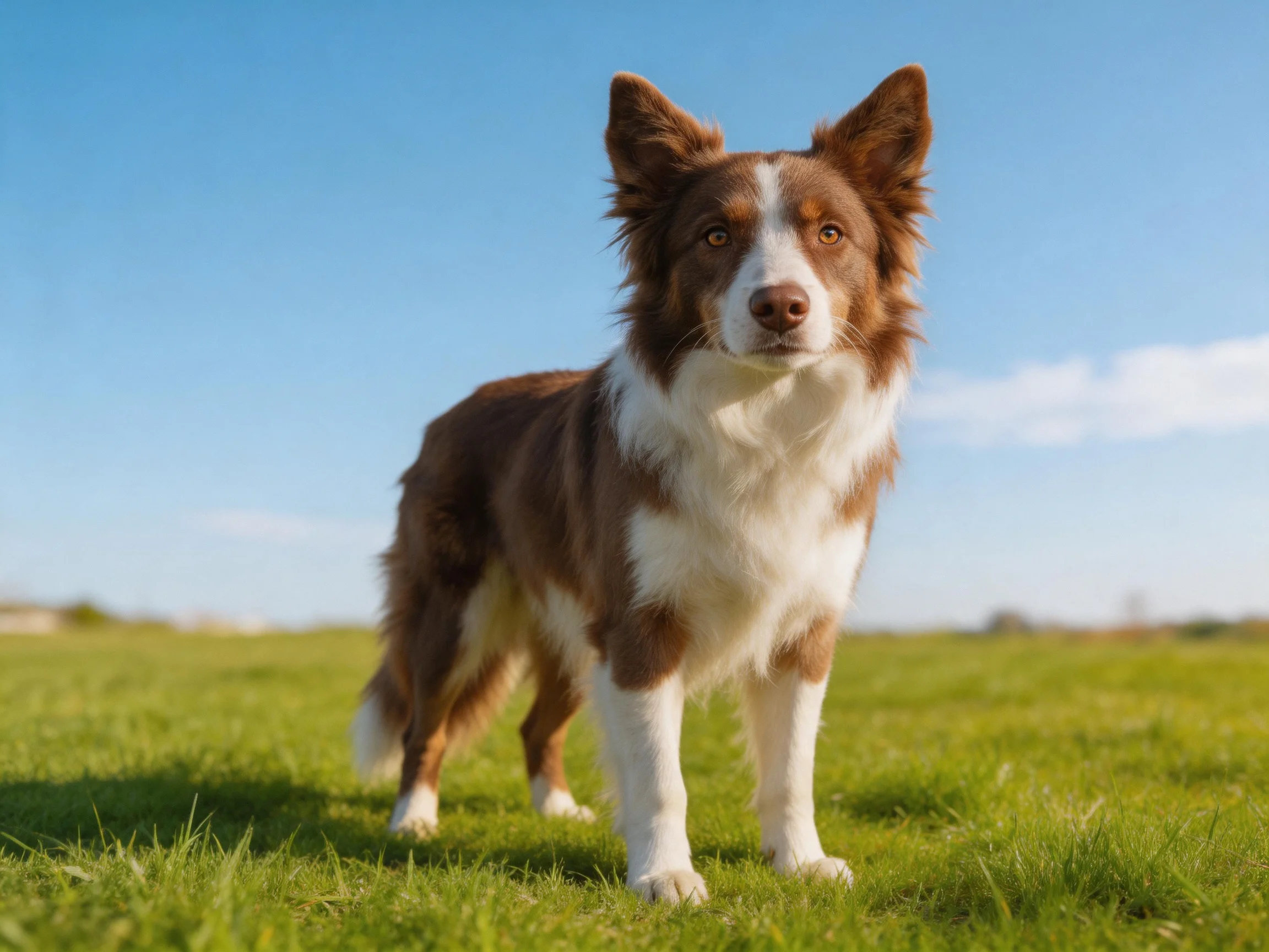 A brown and white Border Collie stands on a grassy field under a clear blue sky.