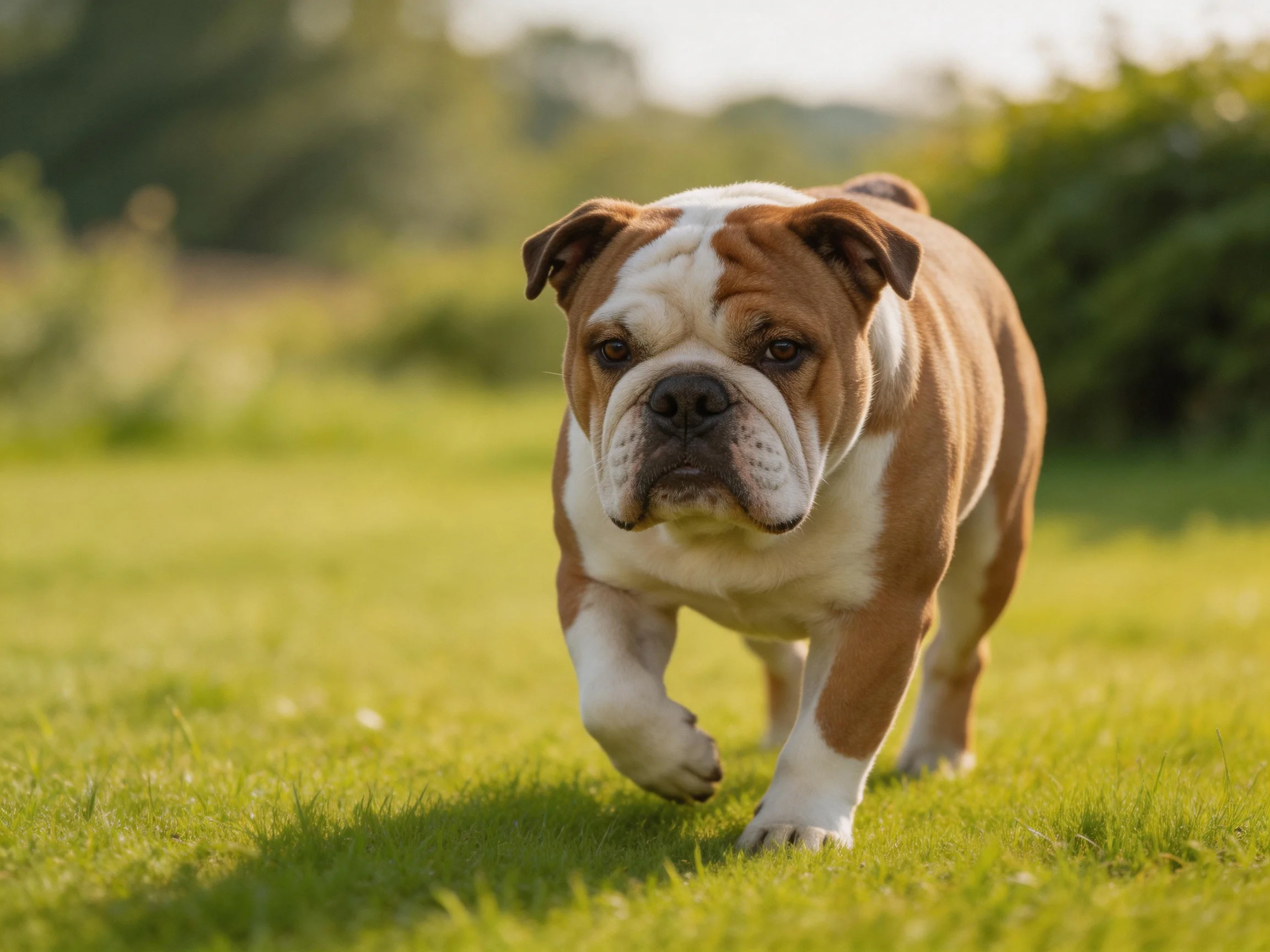 A brown and white English Bulldog walks on green grass in a sunlit outdoor setting.