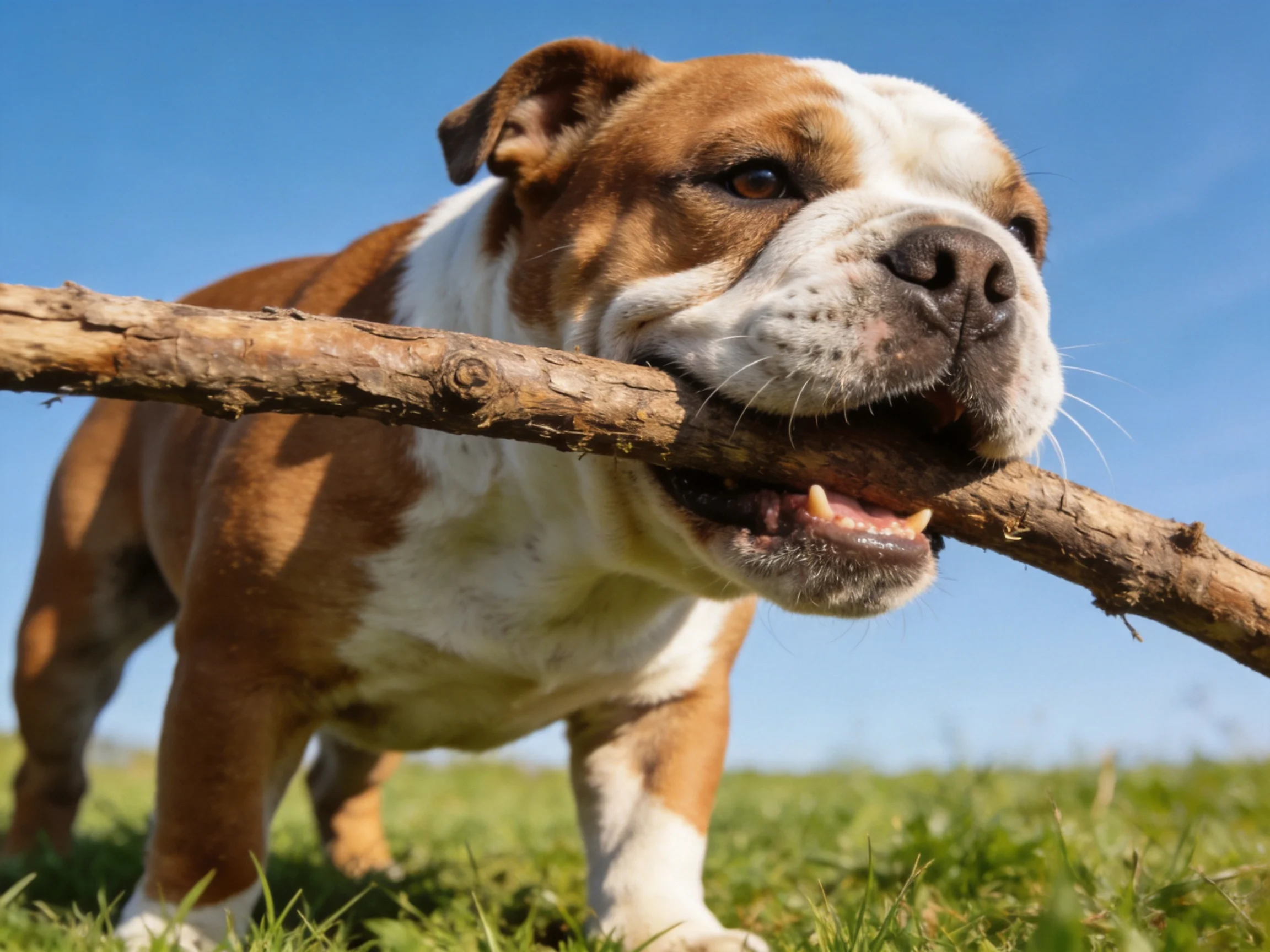 Brown and white bulldog carrying a thick wooden stick in a sunny meadow