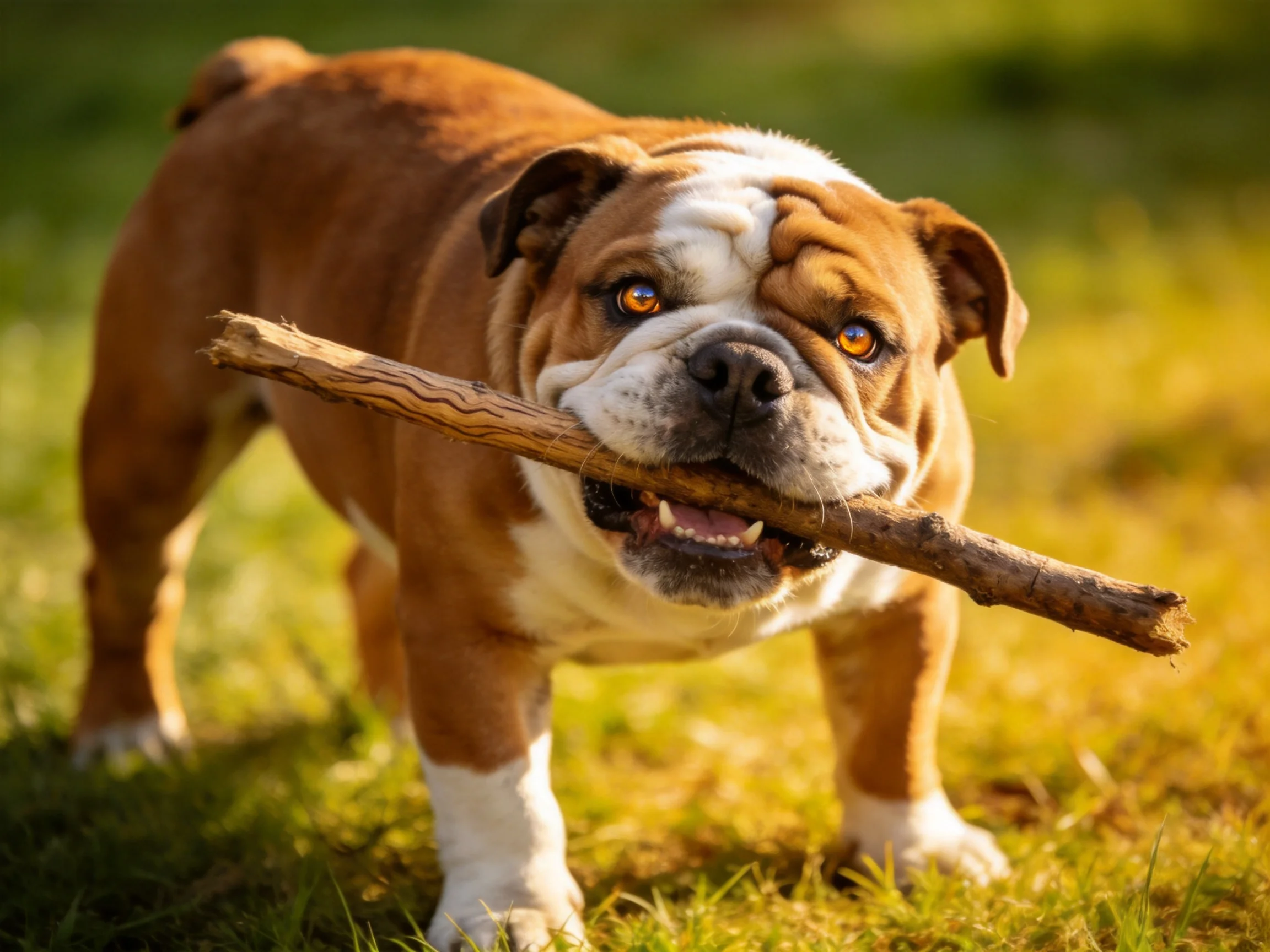 Brown and white bulldog carrying a thick wooden stick on green grass