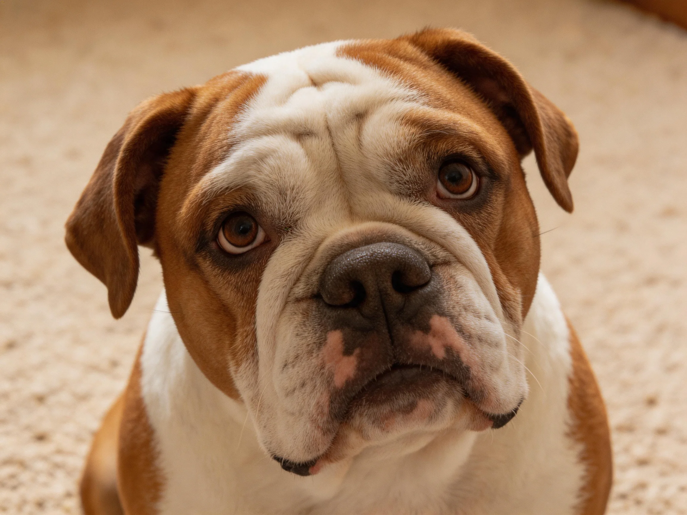 A brown and white bulldog sits calmly on a beige carpet.