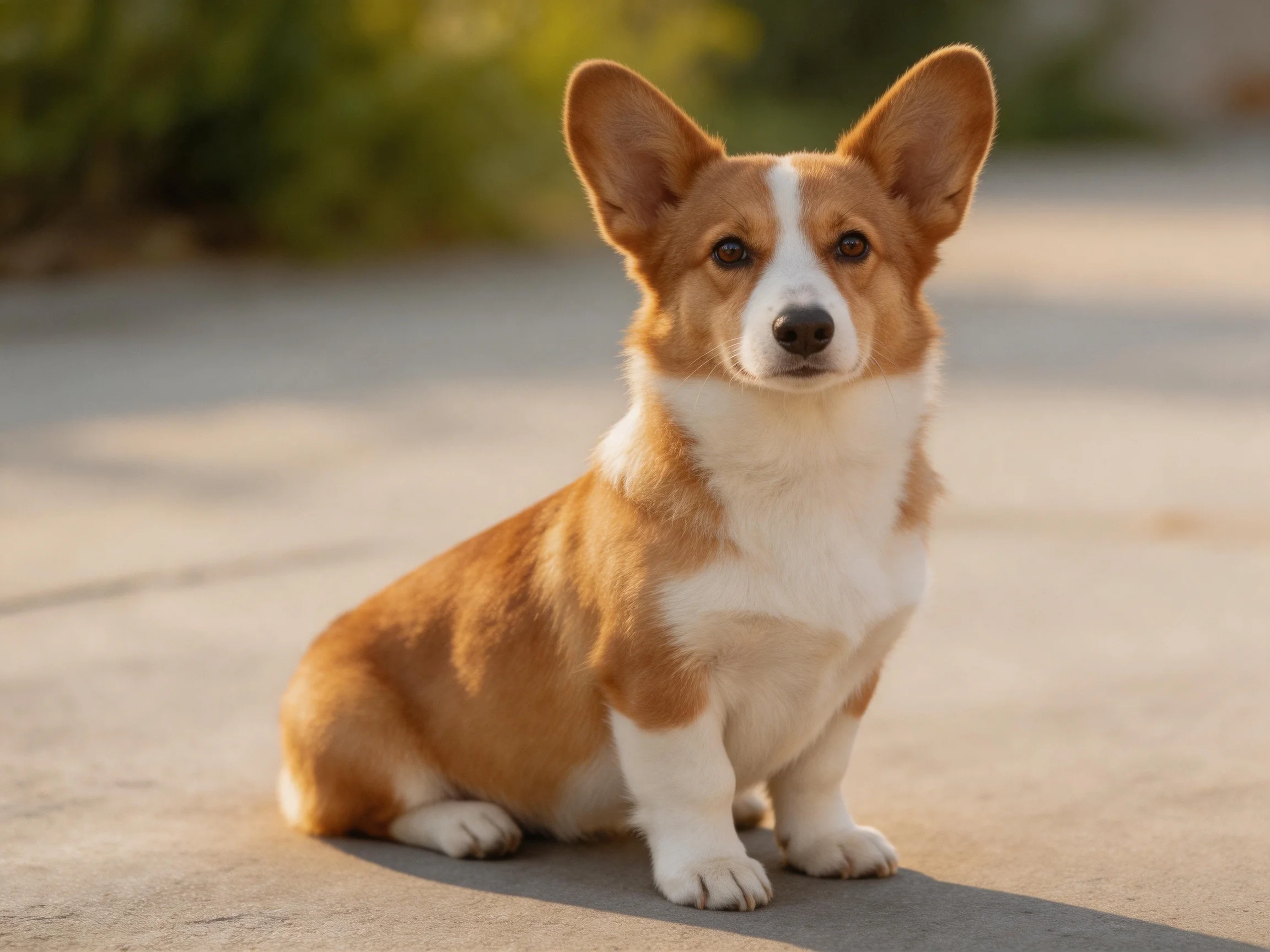 Brown and white corgi sitting on a smooth concrete path
