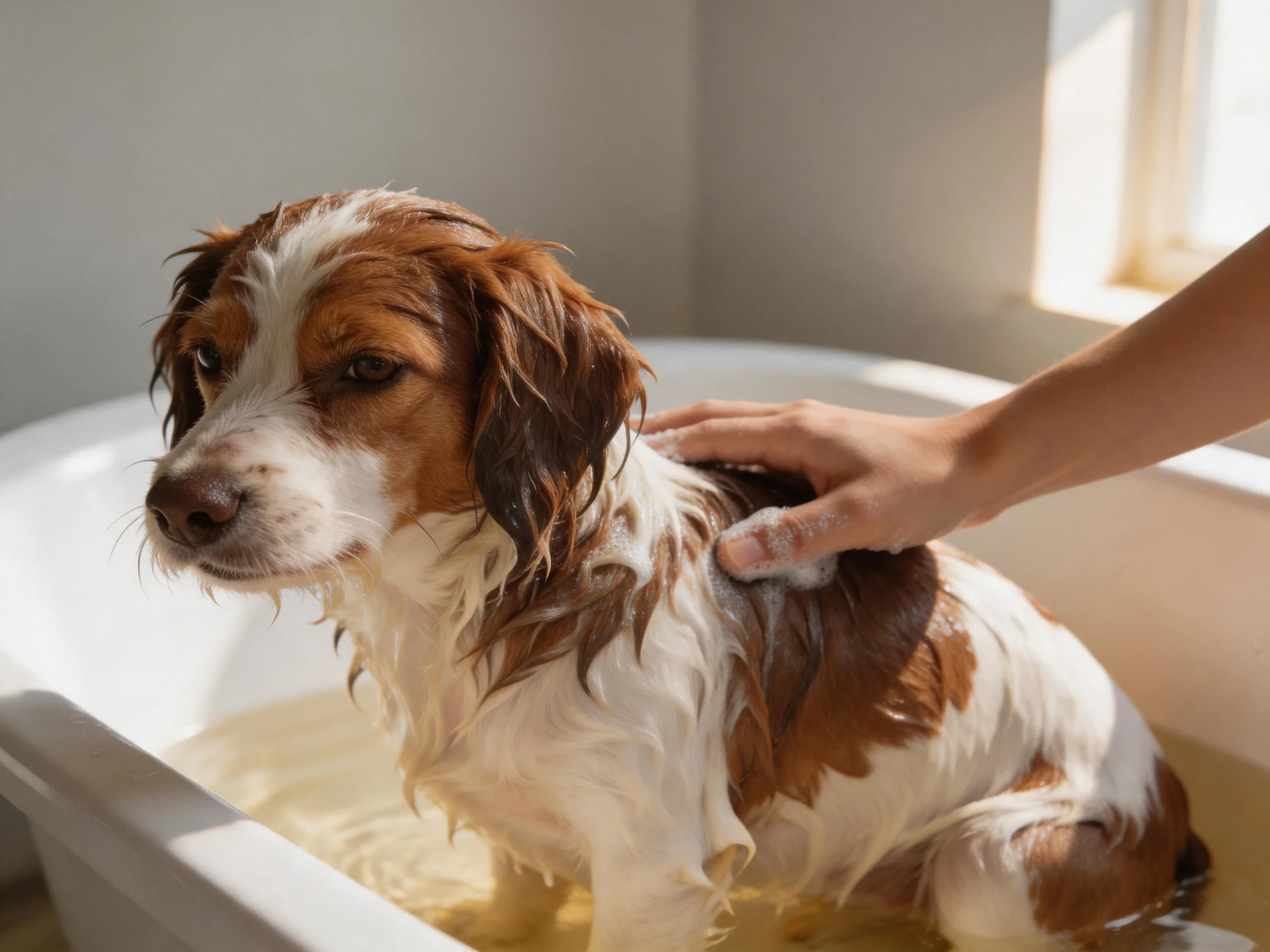 A brown and white dog is bathed in a white tub.