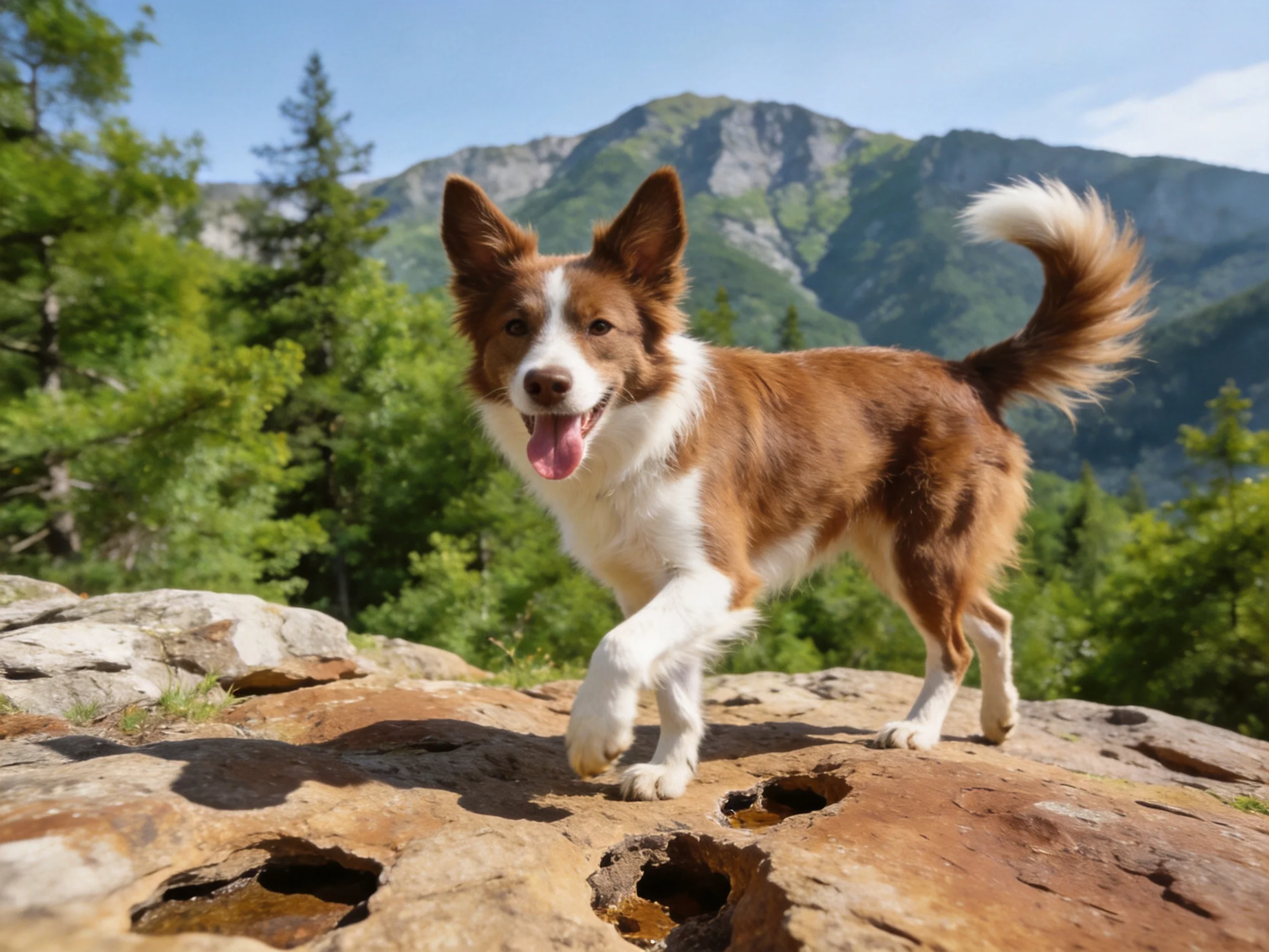 Brown-and-white dog explores rocky terrain near lush green forests and mountains