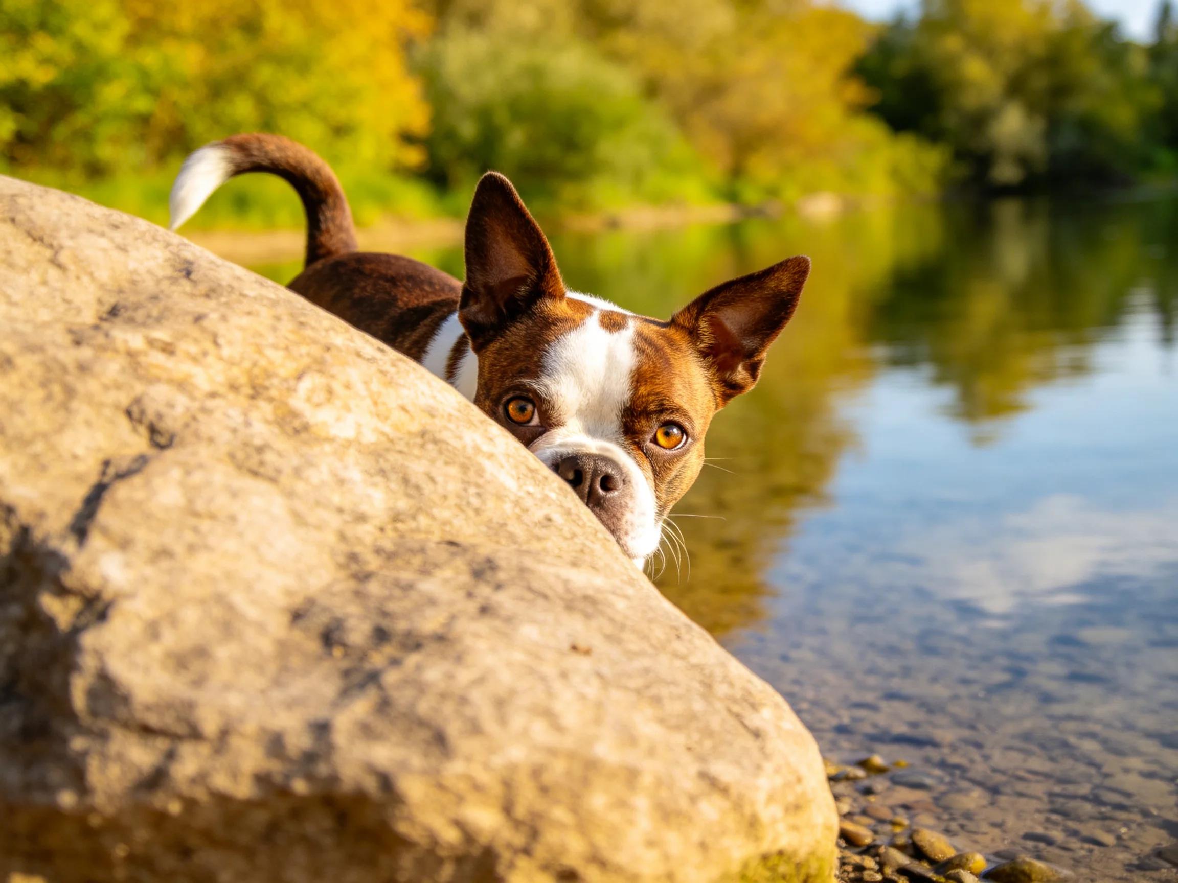 Brown and white dog hides behind a large rock by calm water