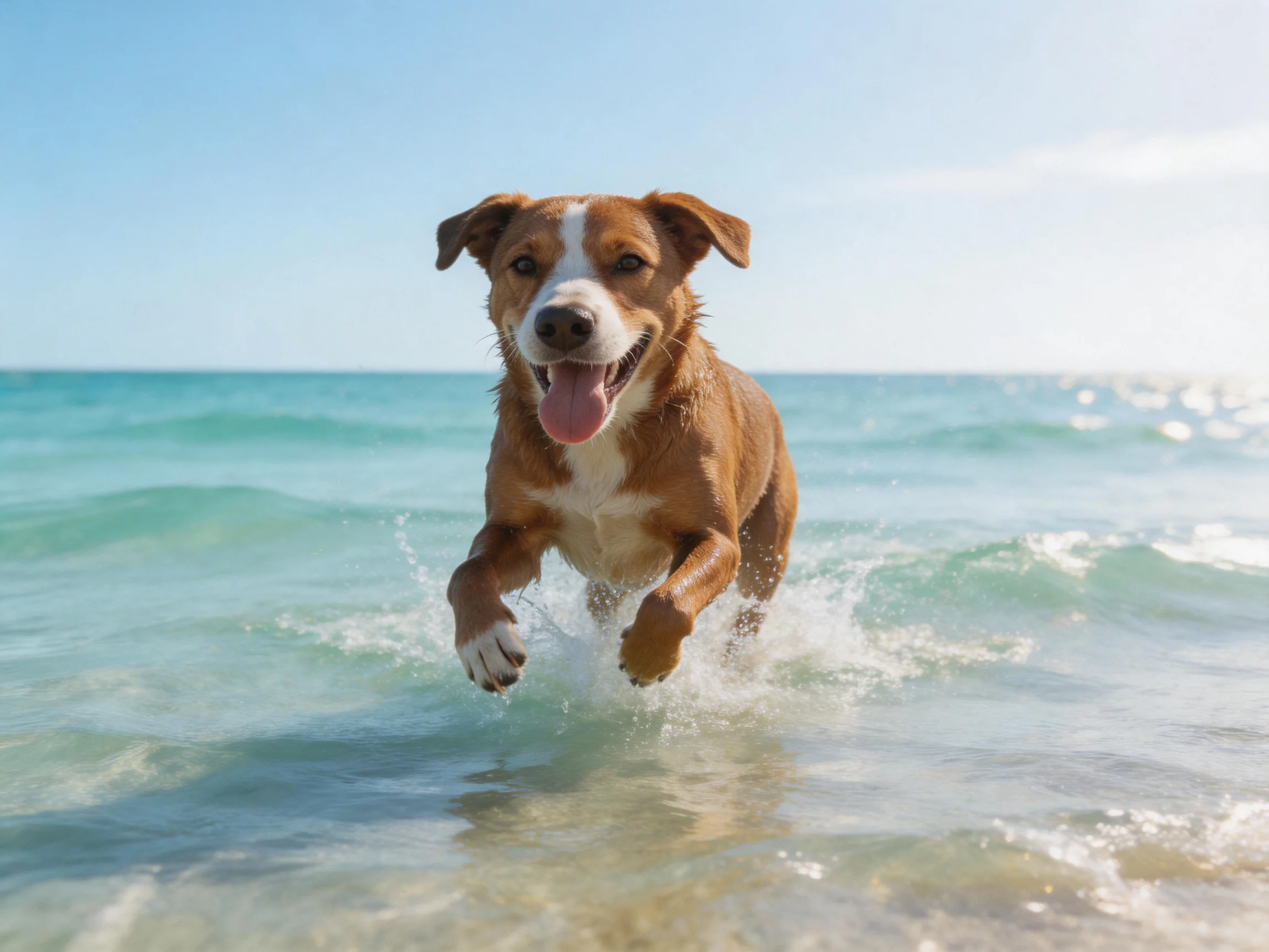 A brown and white dog happily runs through shallow ocean water near the shore.