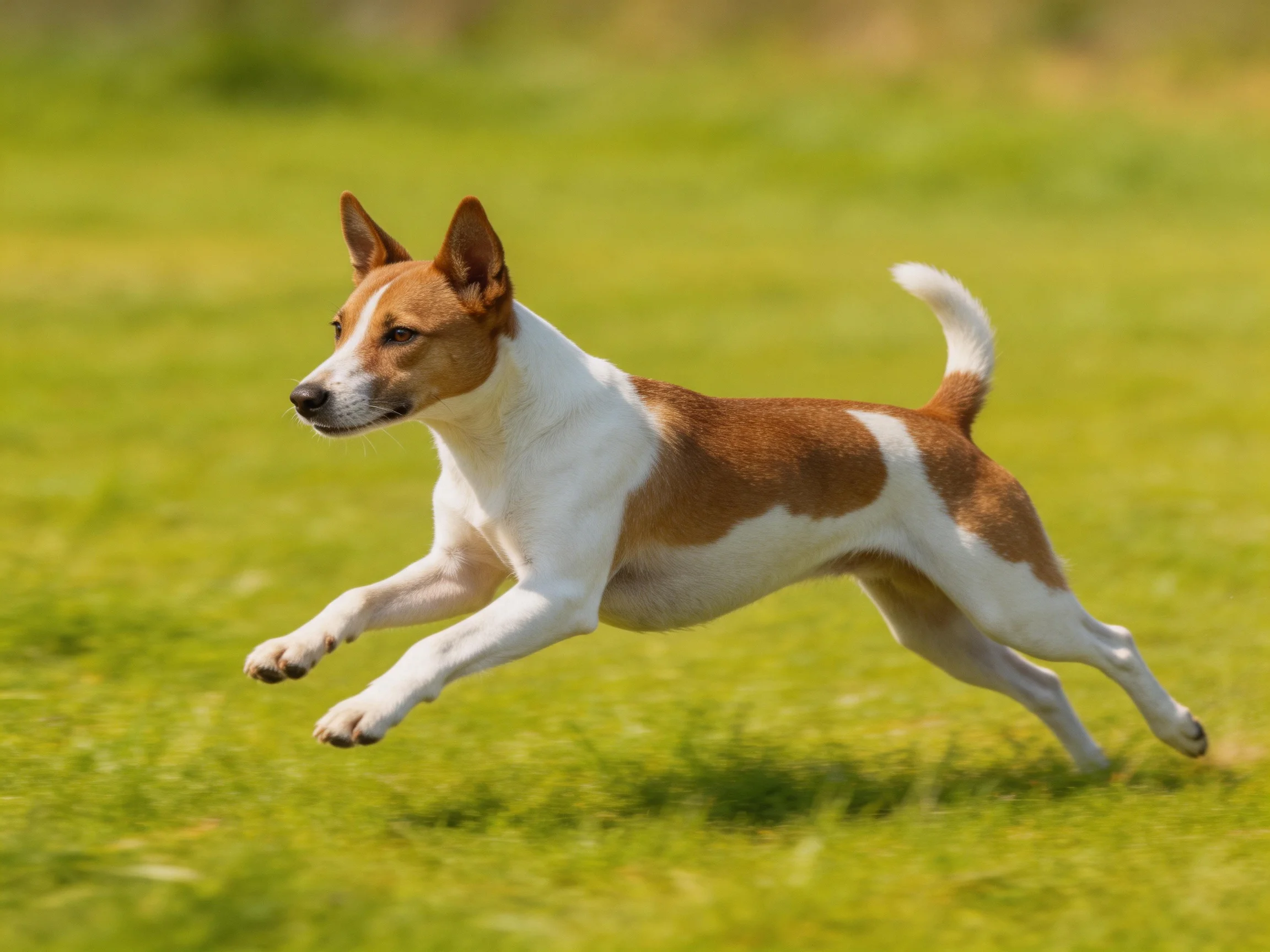 Brown and white dog leaping across a sunlit green field