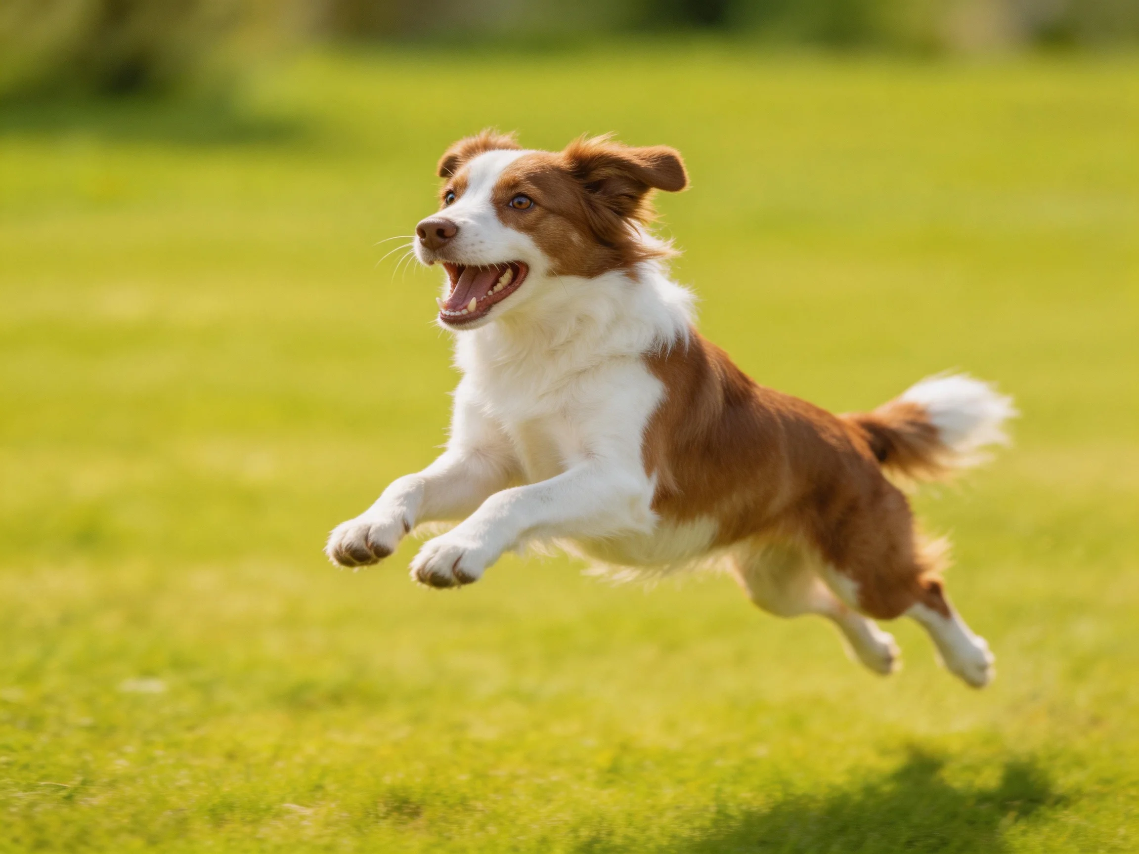 Brown and white dog leaps joyfully over a green lawn