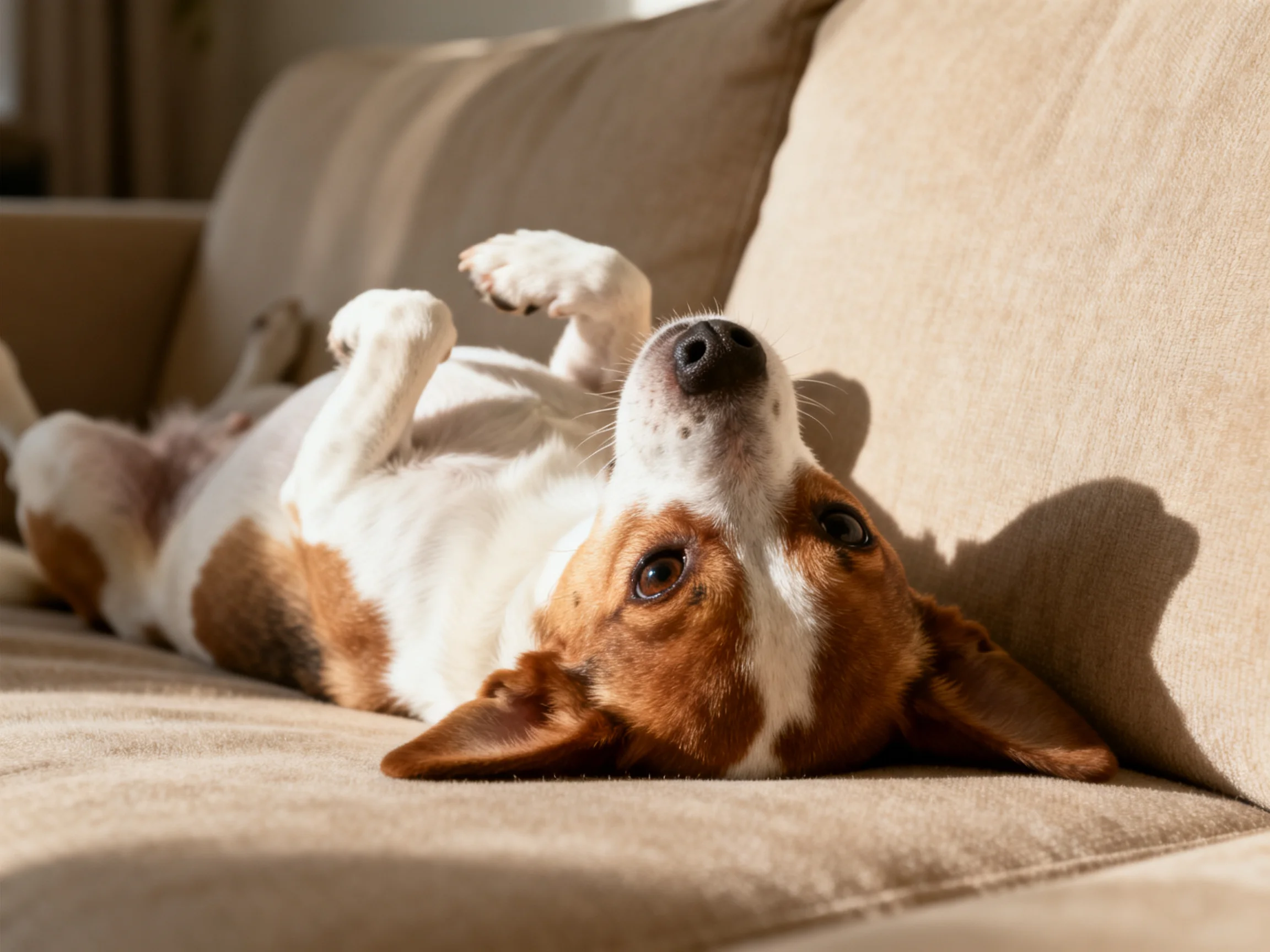 Brown and white dog relaxing on beige sofa in sunlight