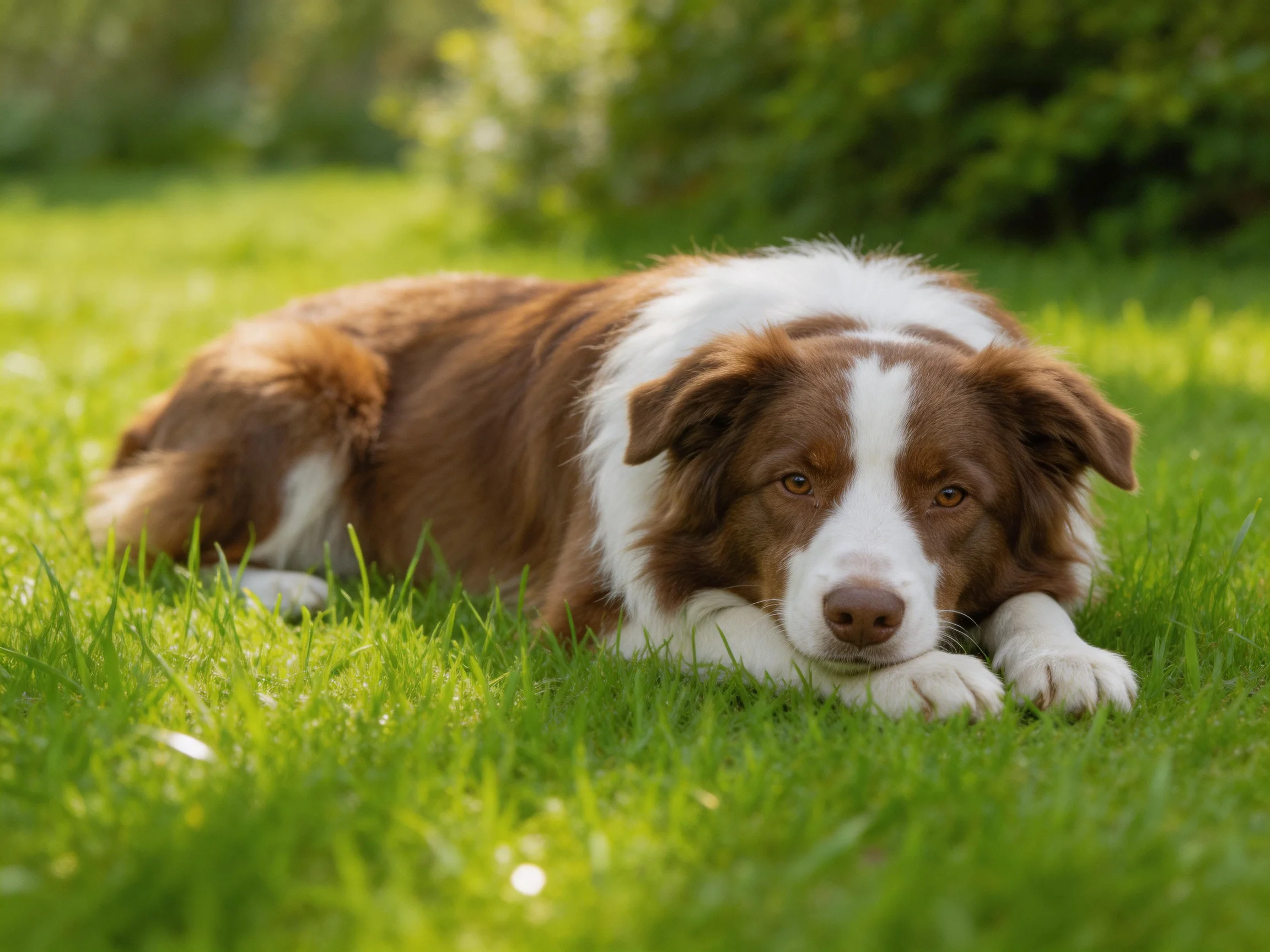 Brown and white dog rests on green grass in a sunlit outdoor setting.
