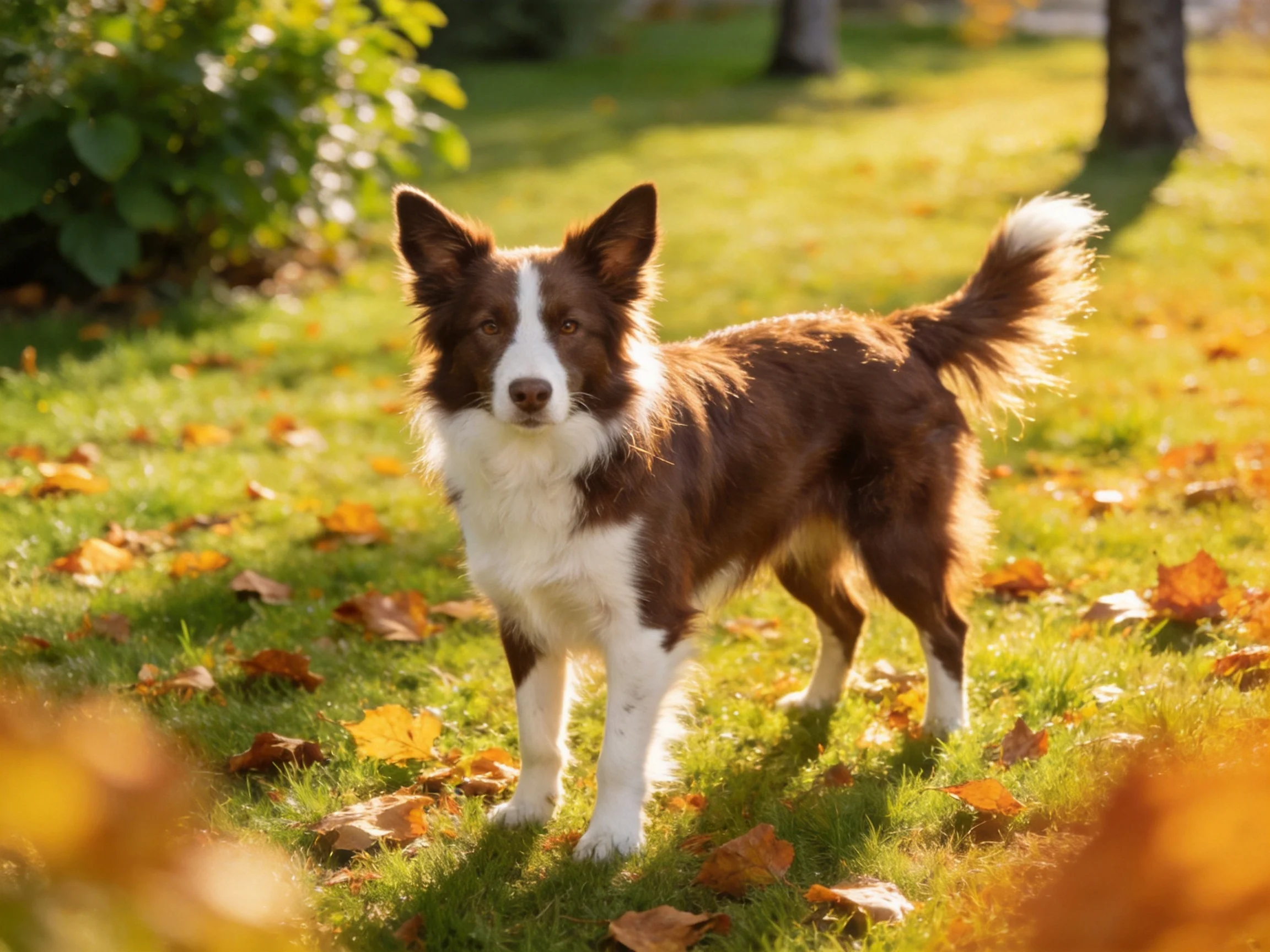 A brown and white dog stands on grass with fallen autumn leaves in a sunlit area.