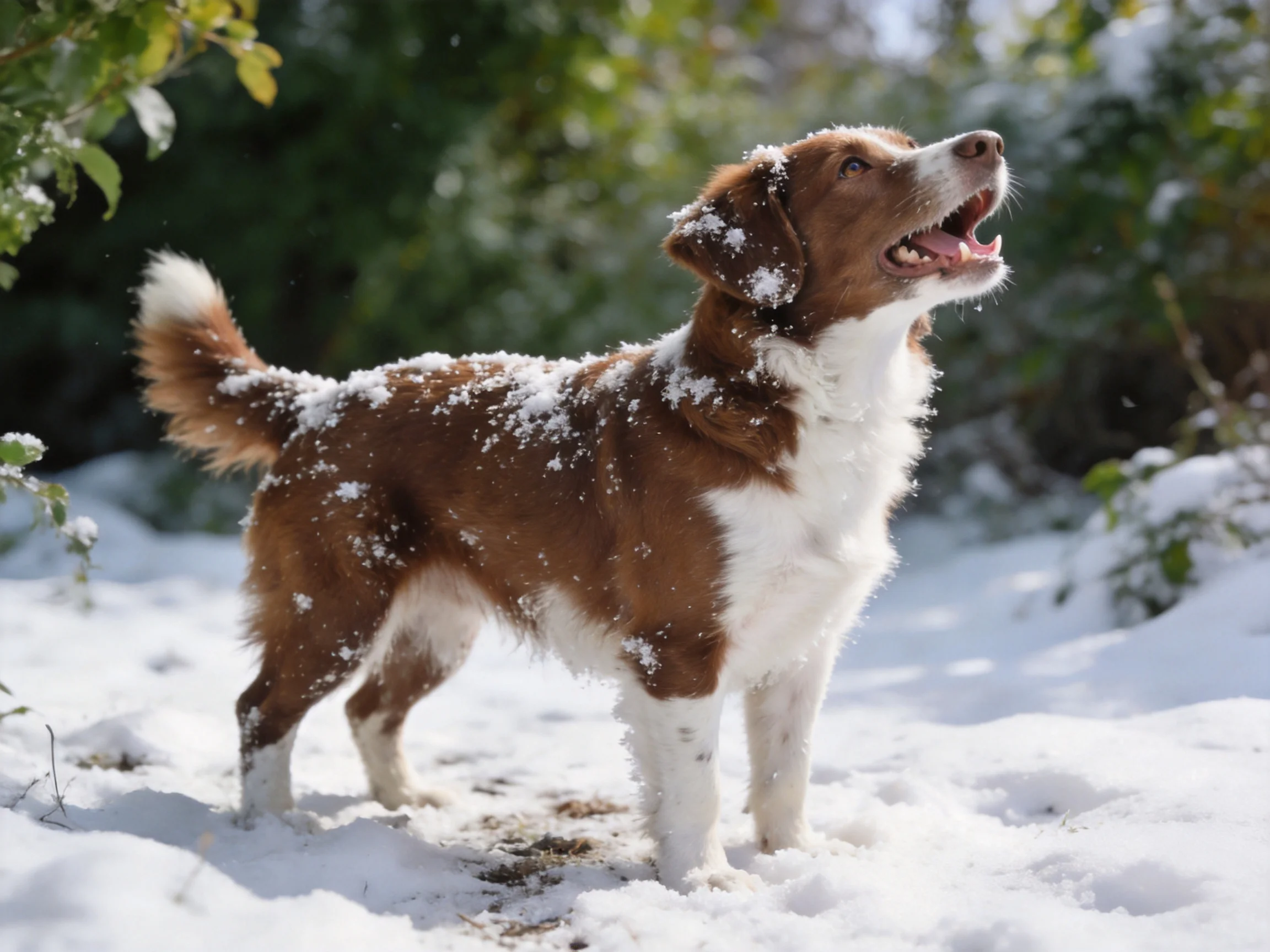 A brown and white dog stands in snow near green foliage.