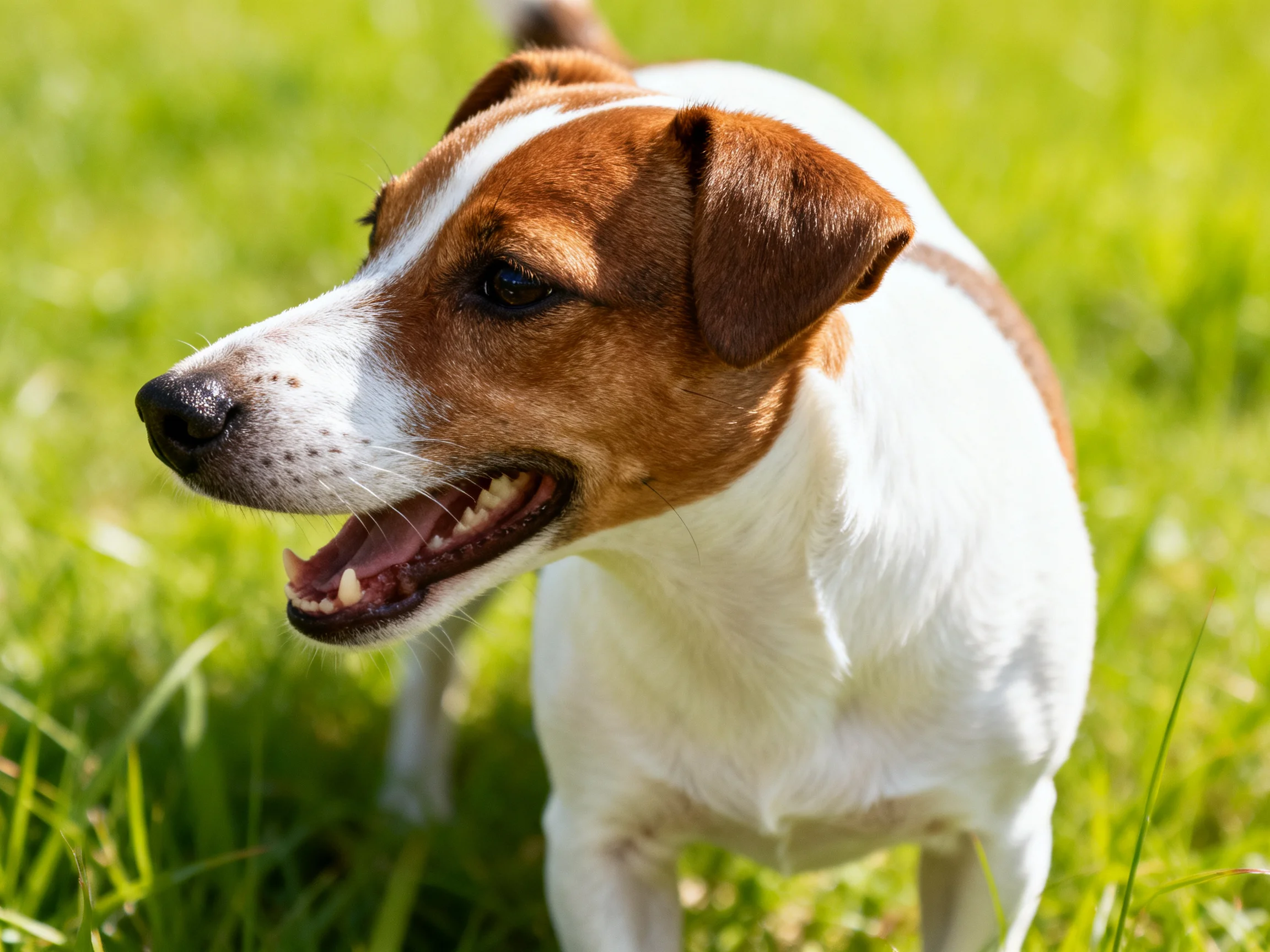 A brown and white dog stands in a sunlit grassy area.
