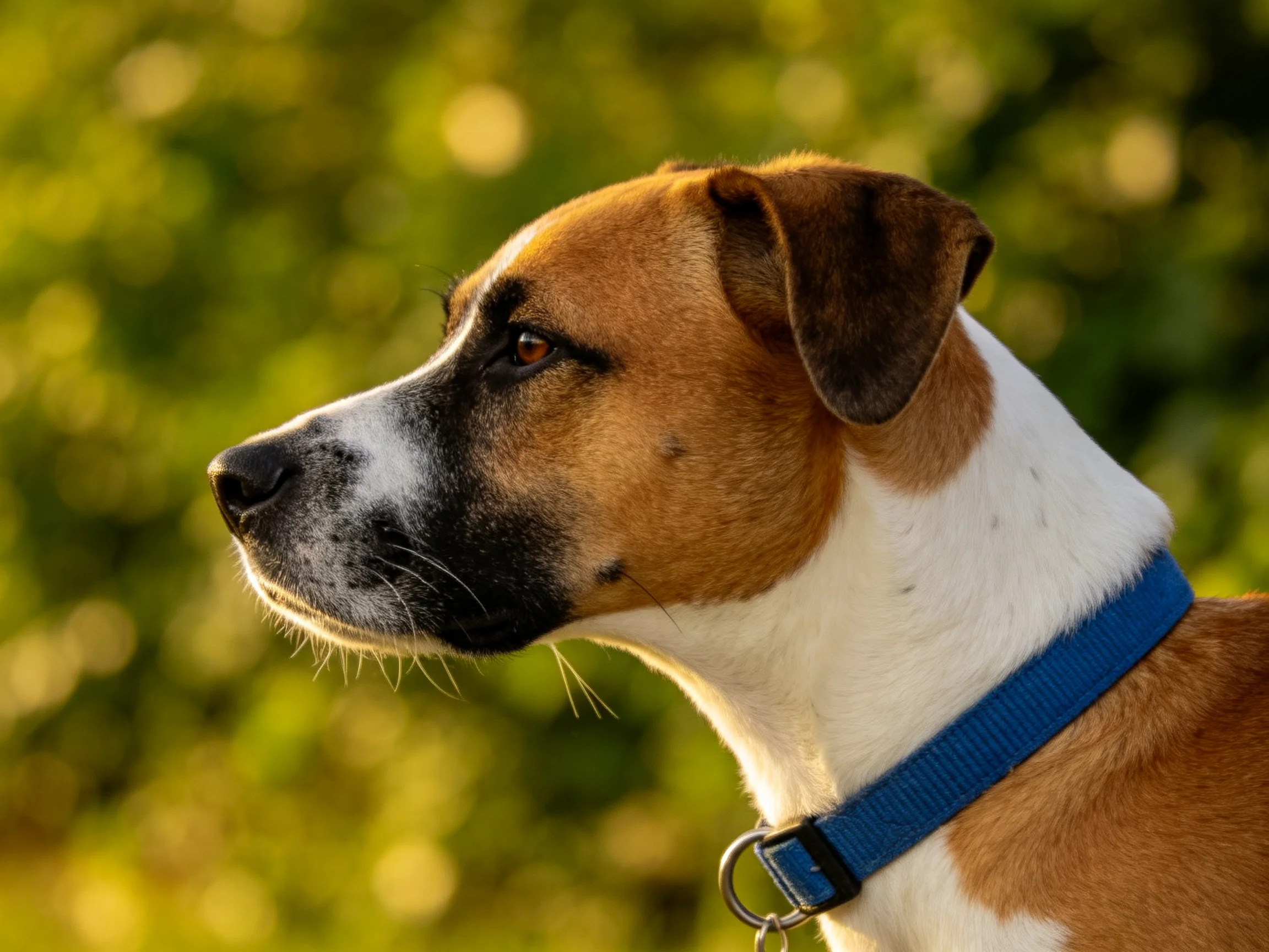 A brown and white dog with a blue collar is shown in a sunlit outdoor scene.