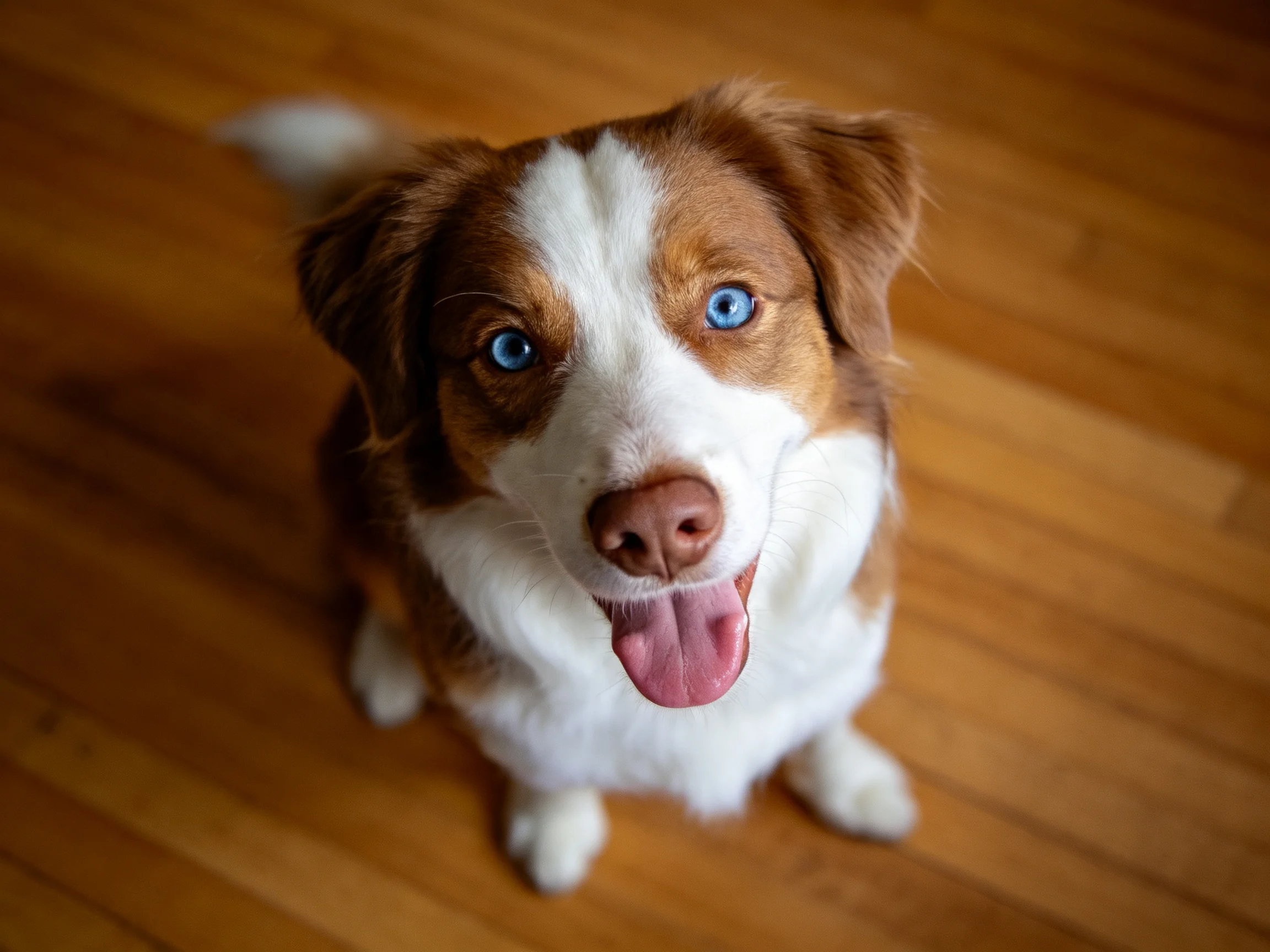 A brown and white dog with blue eyes sits happily on wooden flooring.