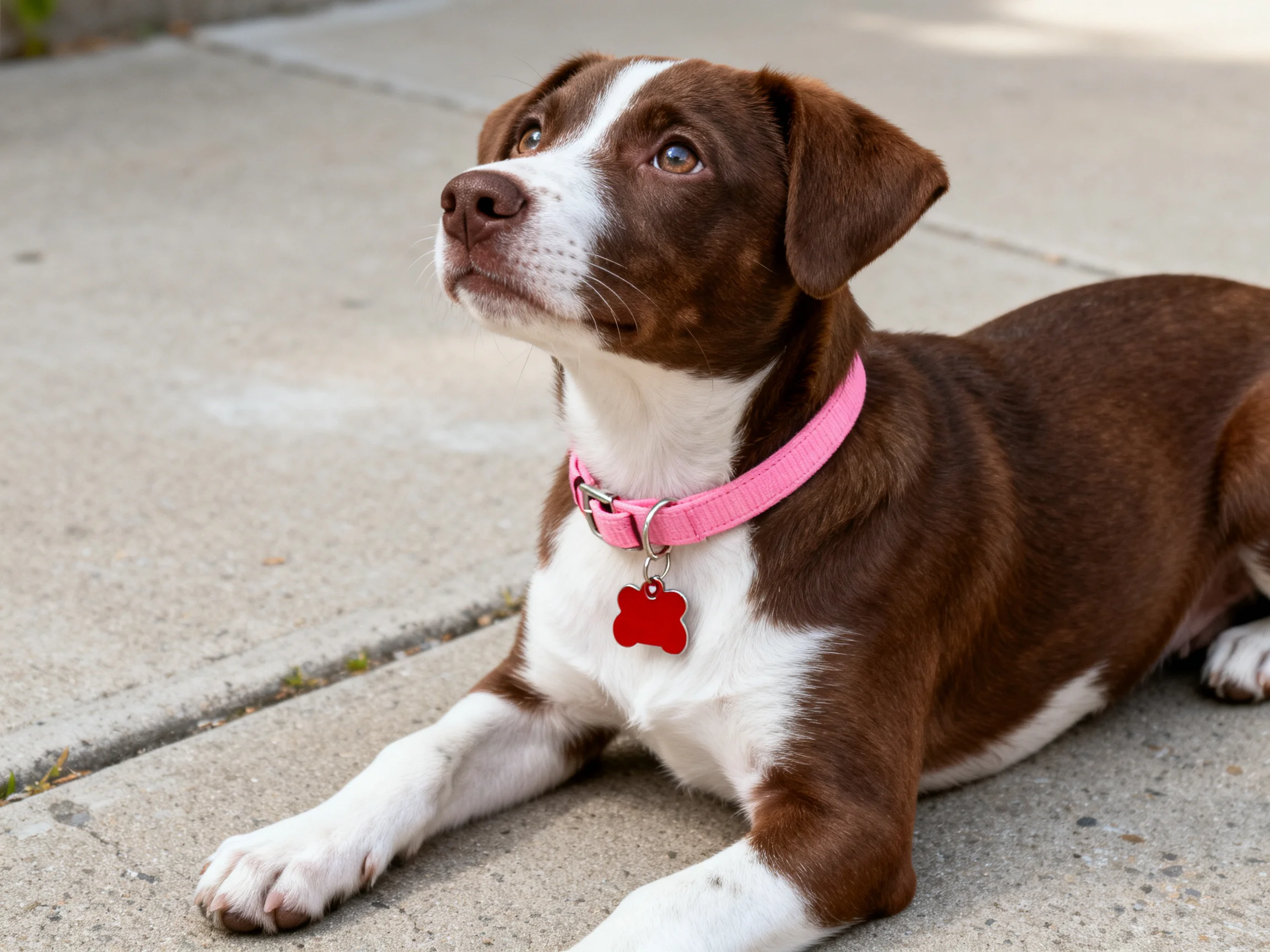 Brown and white dog with pink collar lies on concrete pavement.