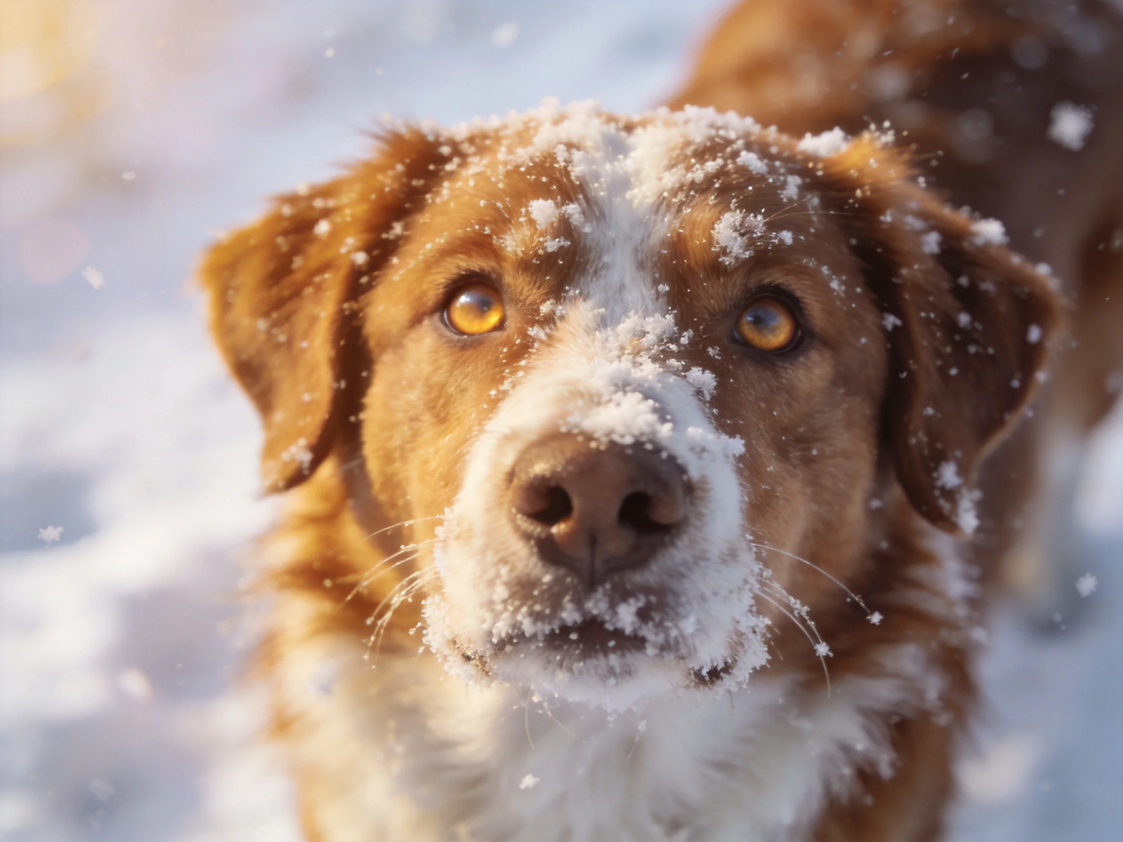 A brown and white dog has snow on its face while in the snow.