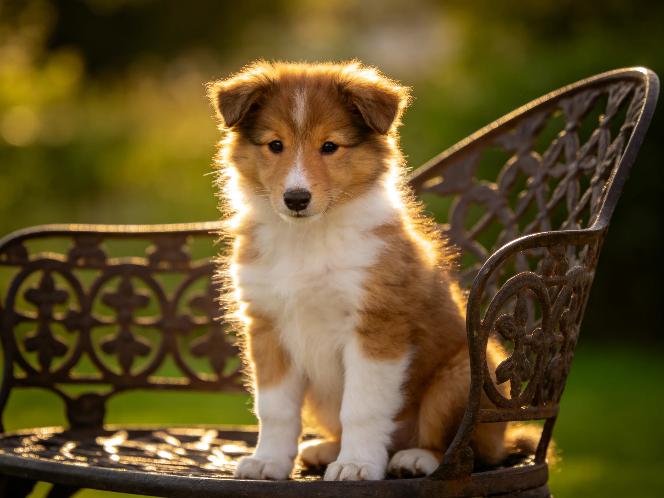 Brown and white puppy on ornate chair in sunny garden