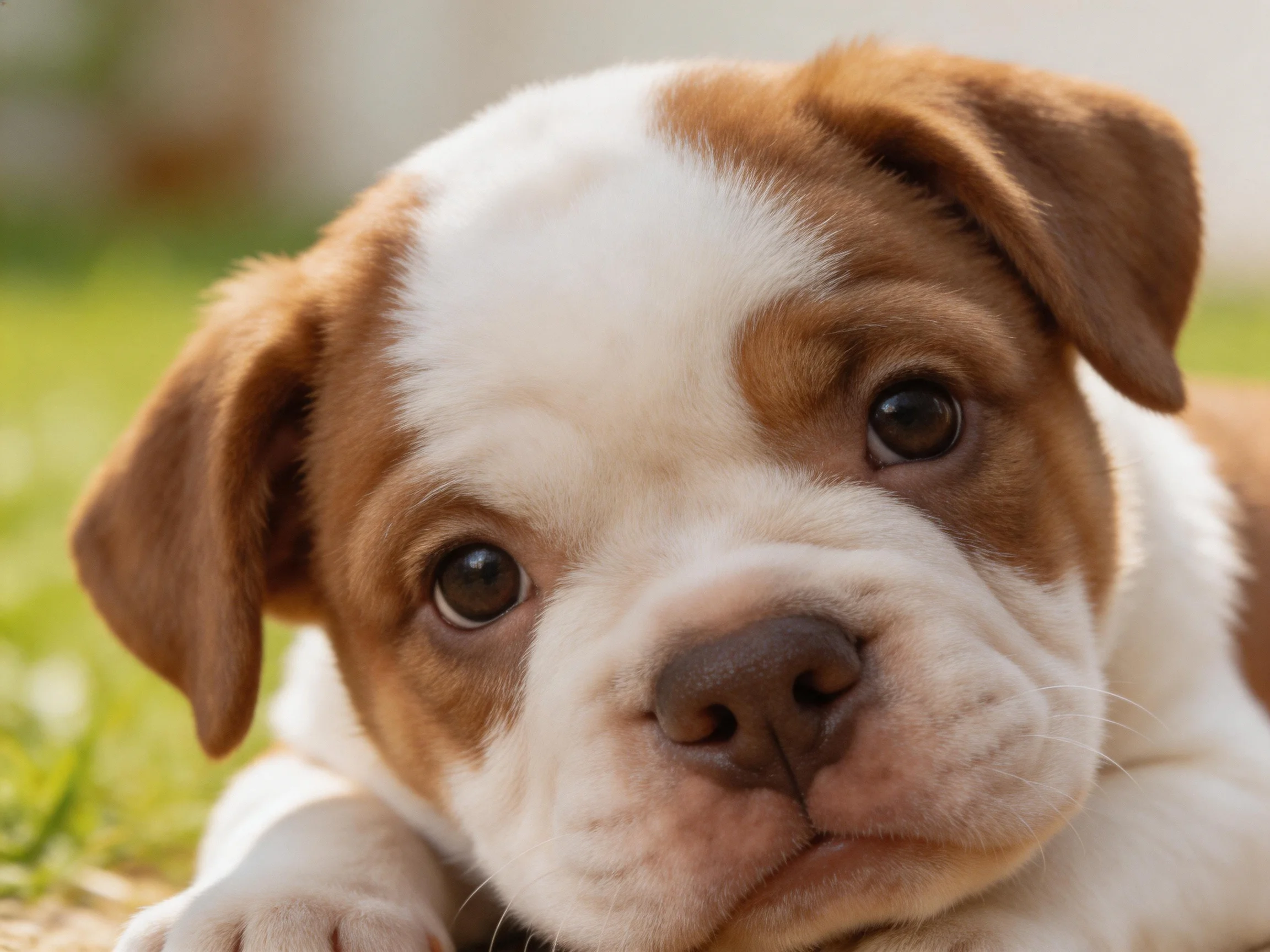 Brown and white puppy resting on grass with warm natural light