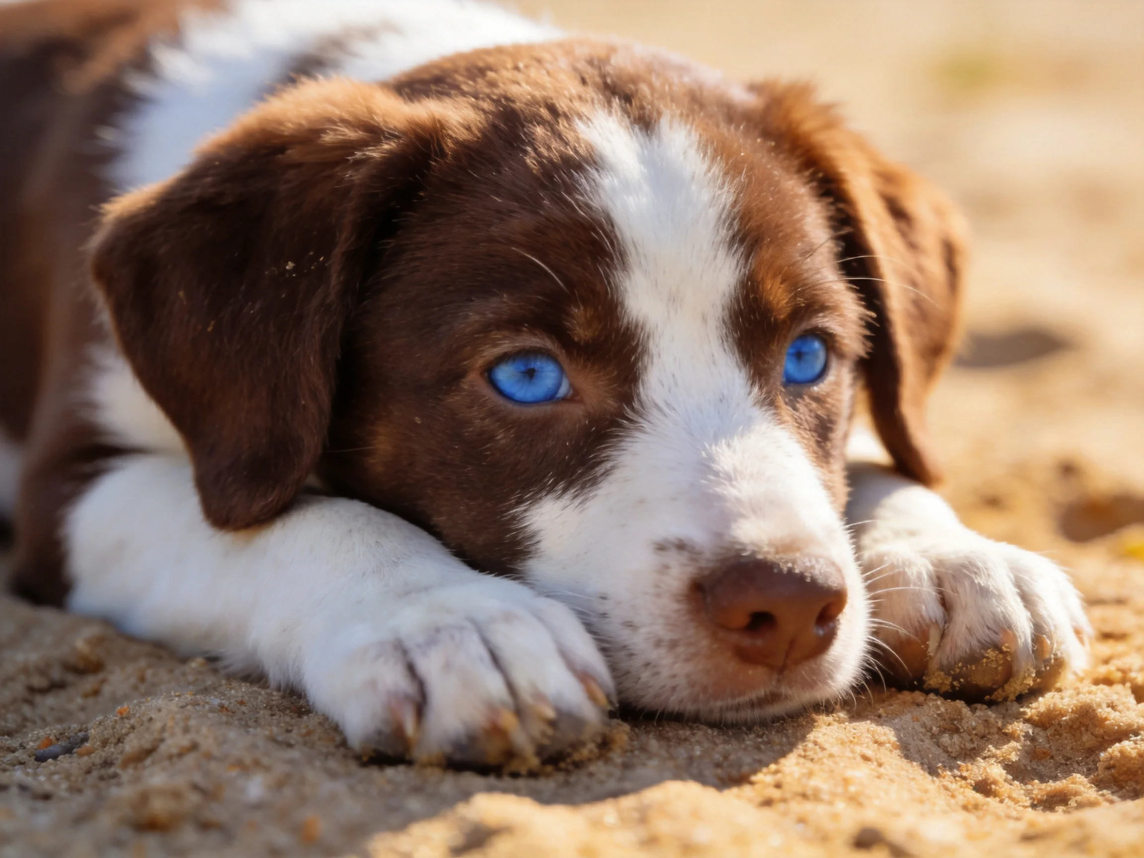 A brown and white puppy with blue eyes relaxes on sandy terrain.