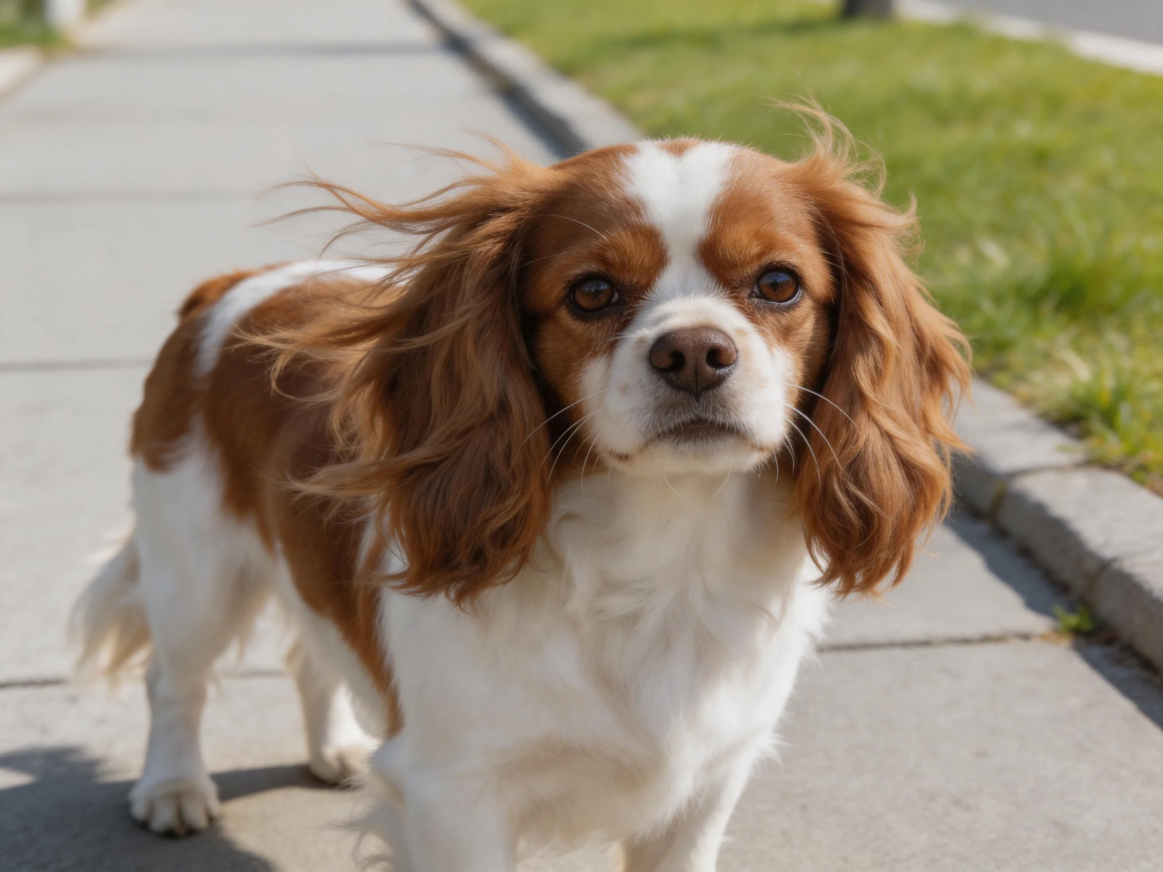 Brown and white spaniel on a concrete sidewalk near green grass