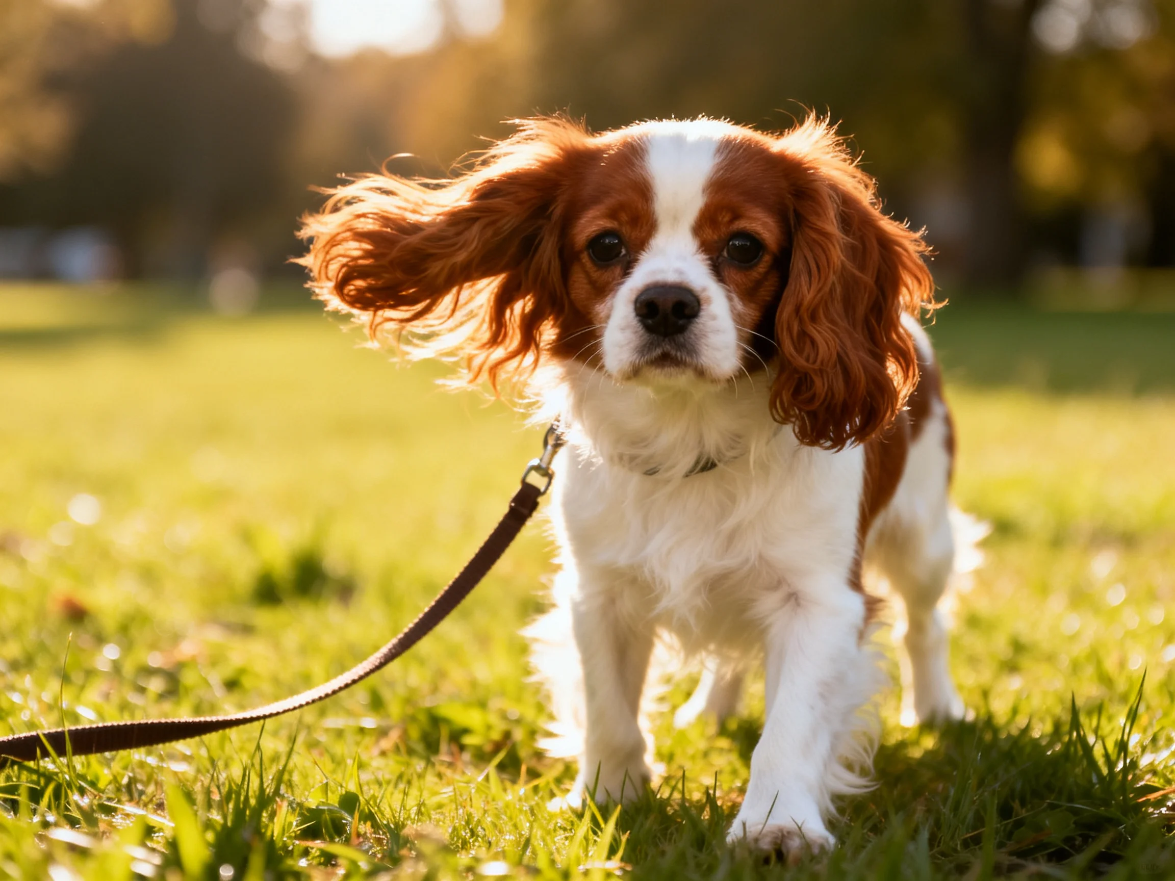 Brown and white spaniel puppy walking on sun-drenched grass