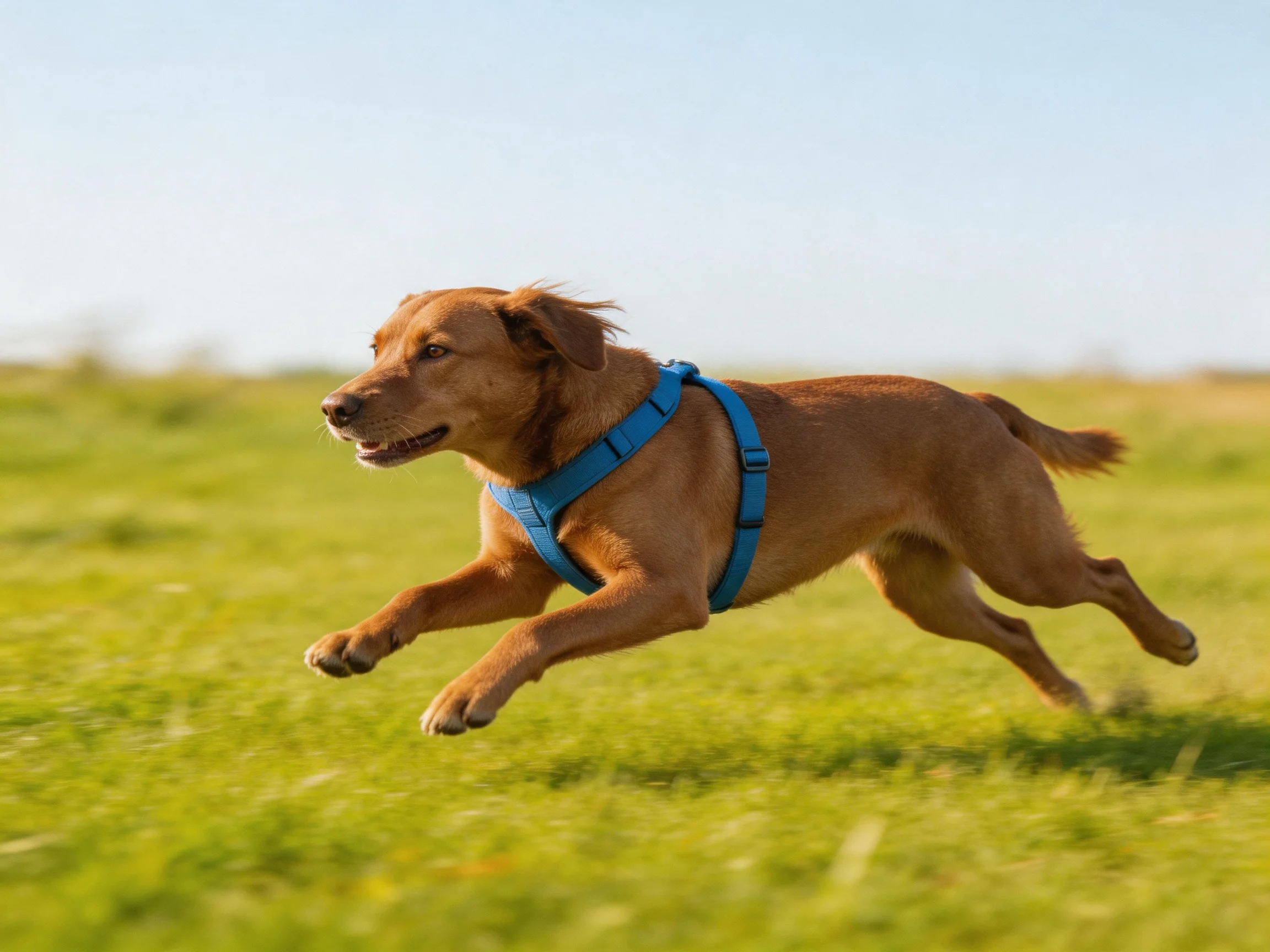 Brown dog in blue harness running through green field