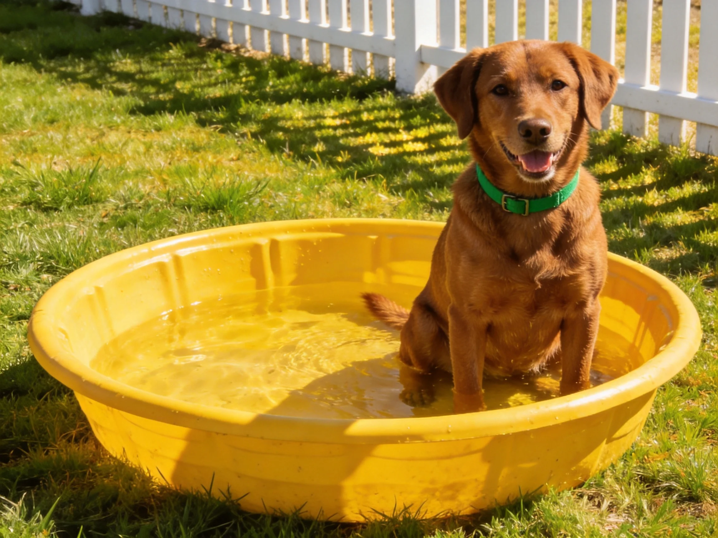 Brown dog in bright yellow tub on grass near white fence