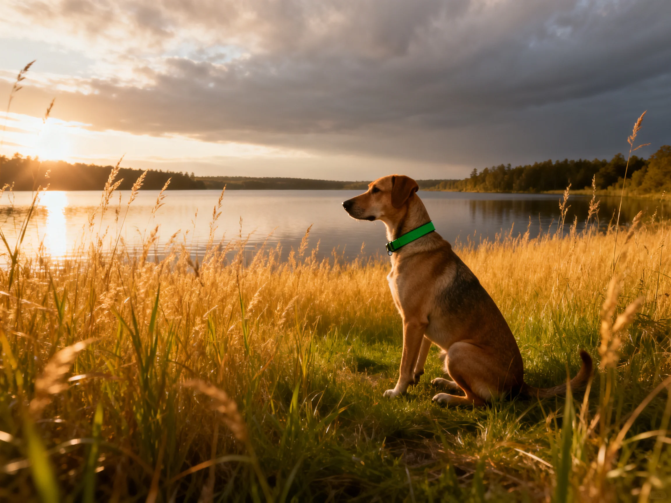 A dog sits peacefully beside a lake during sunset.