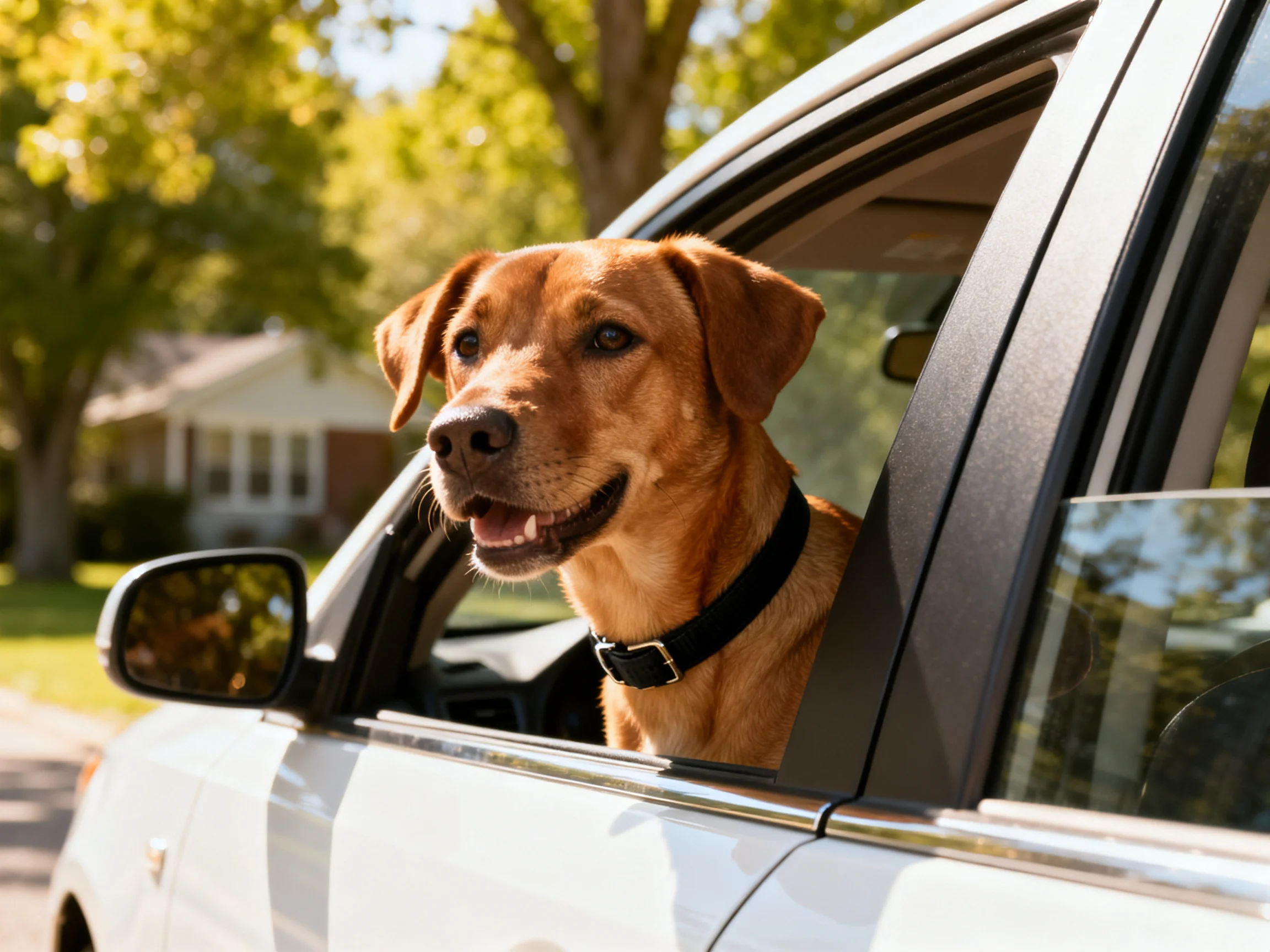 Brown dog with black collar rides in white car with head out window