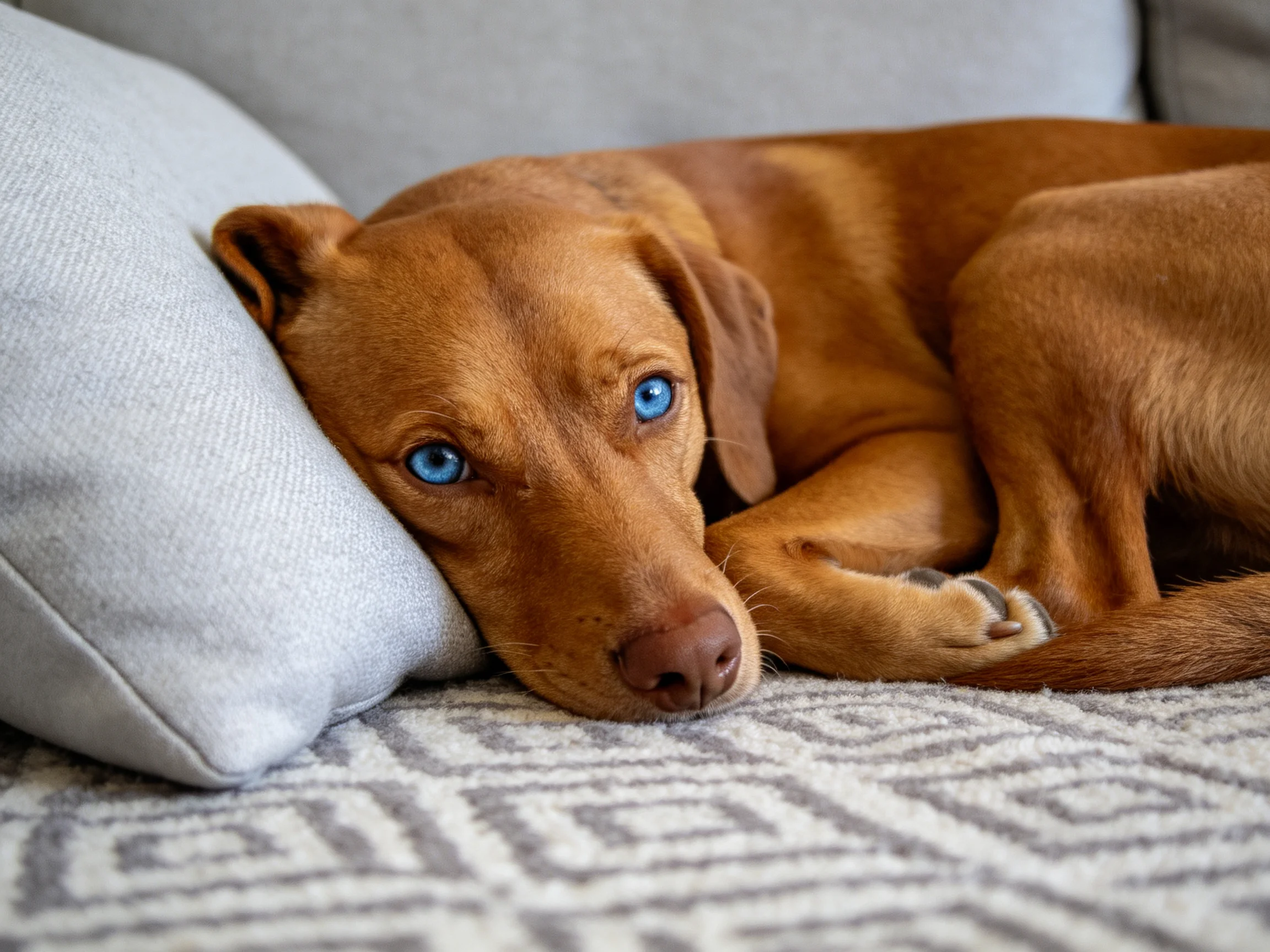 Brown dog with blue eyes resting on gray cushion