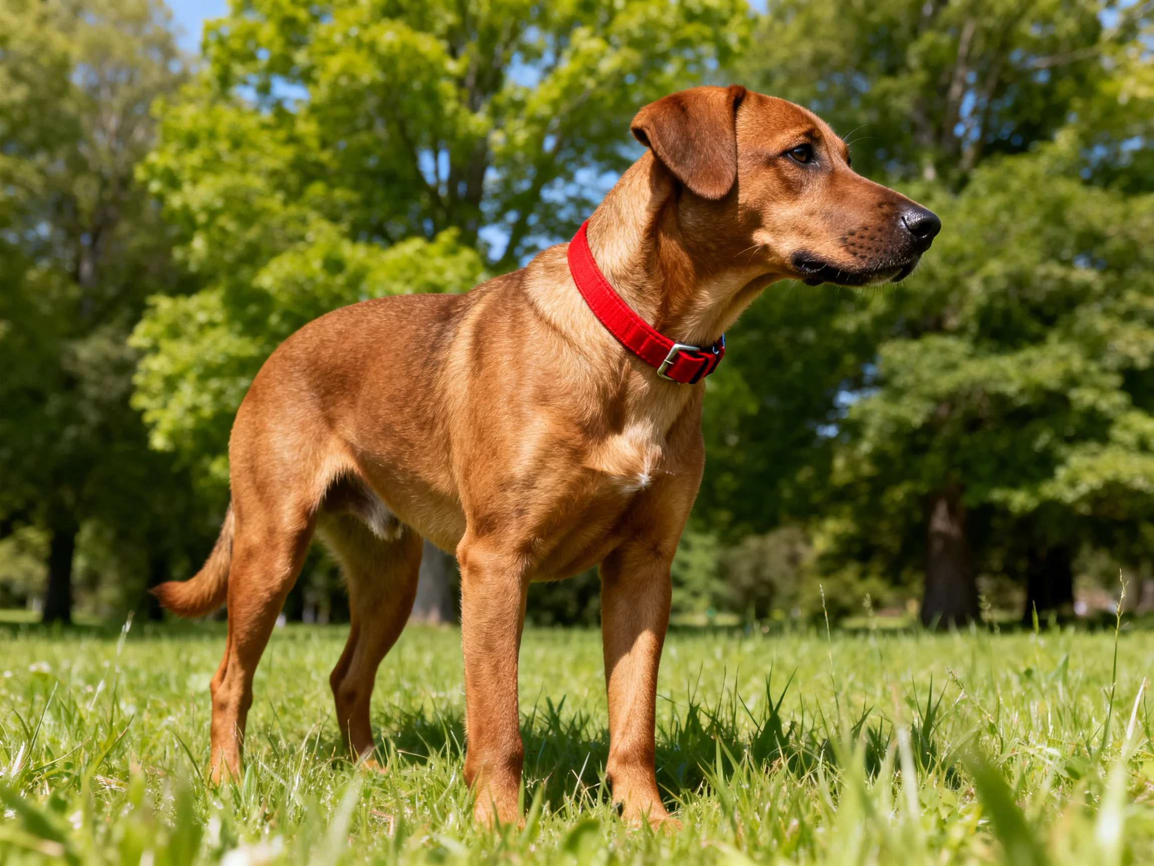 A brown dog with a red collar stands alertly in a sunlit grassy park.