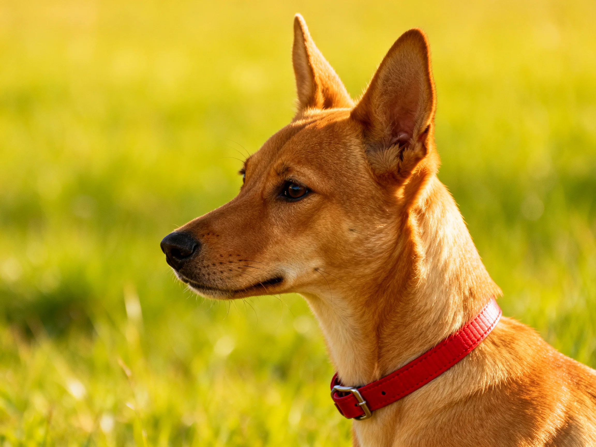 Brown dog with red collar observes a sunlit green meadow.