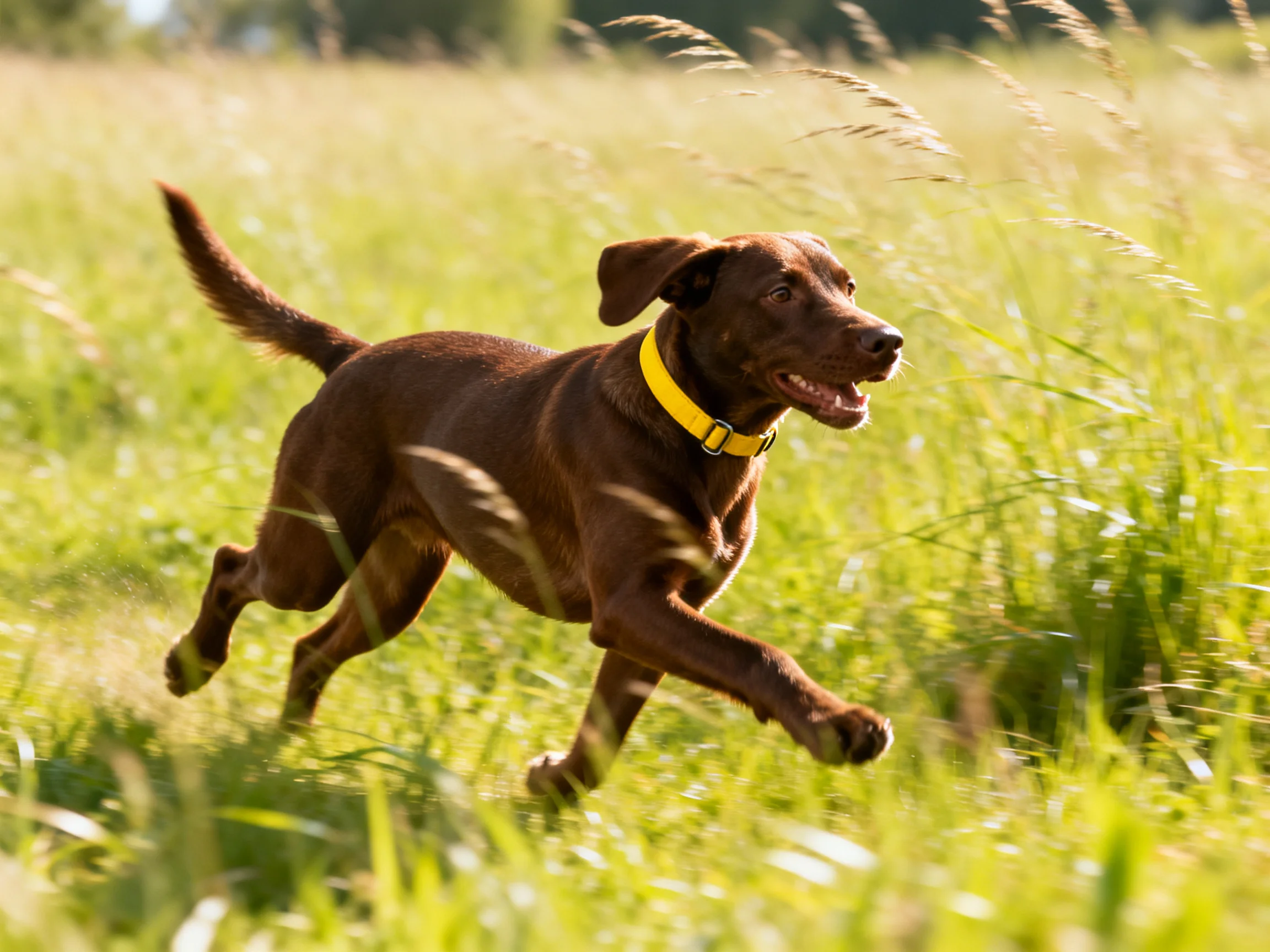 Brown dog with yellow collar running through tall green meadow grass
