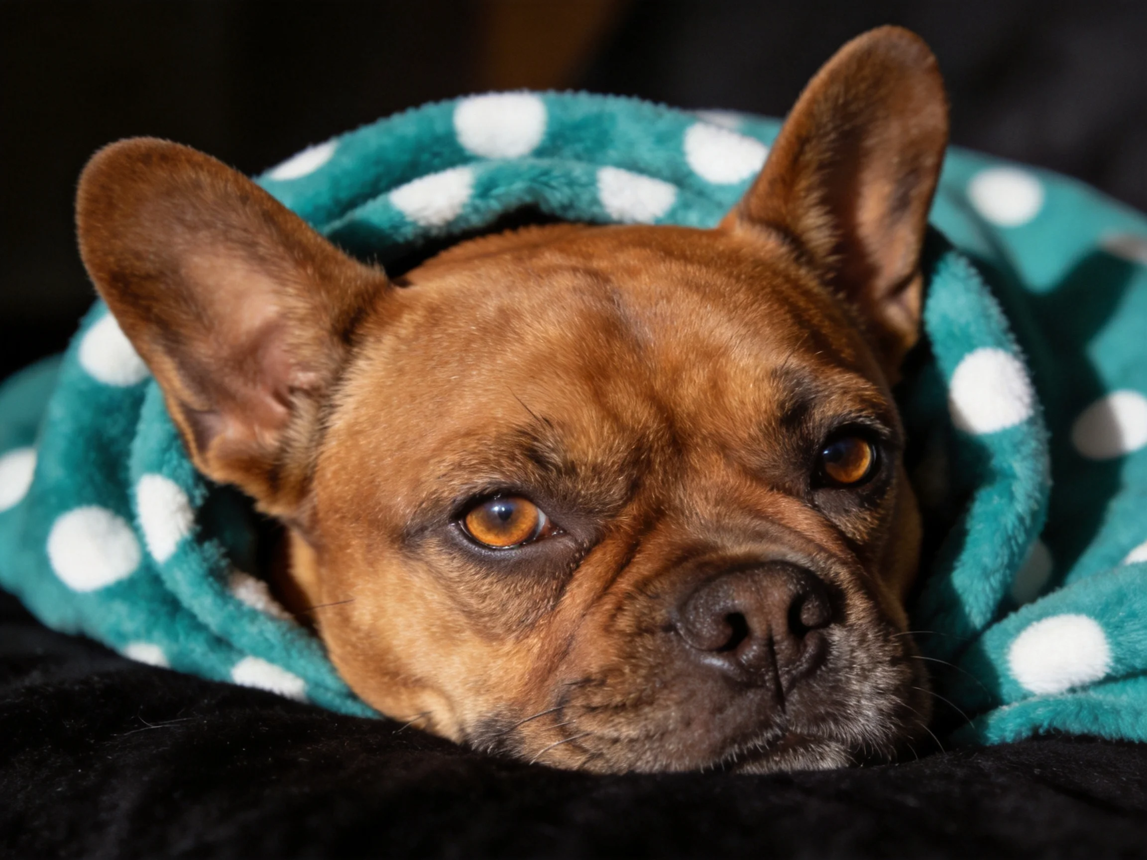 Brown dog wrapped in a teal polka-dot blanket