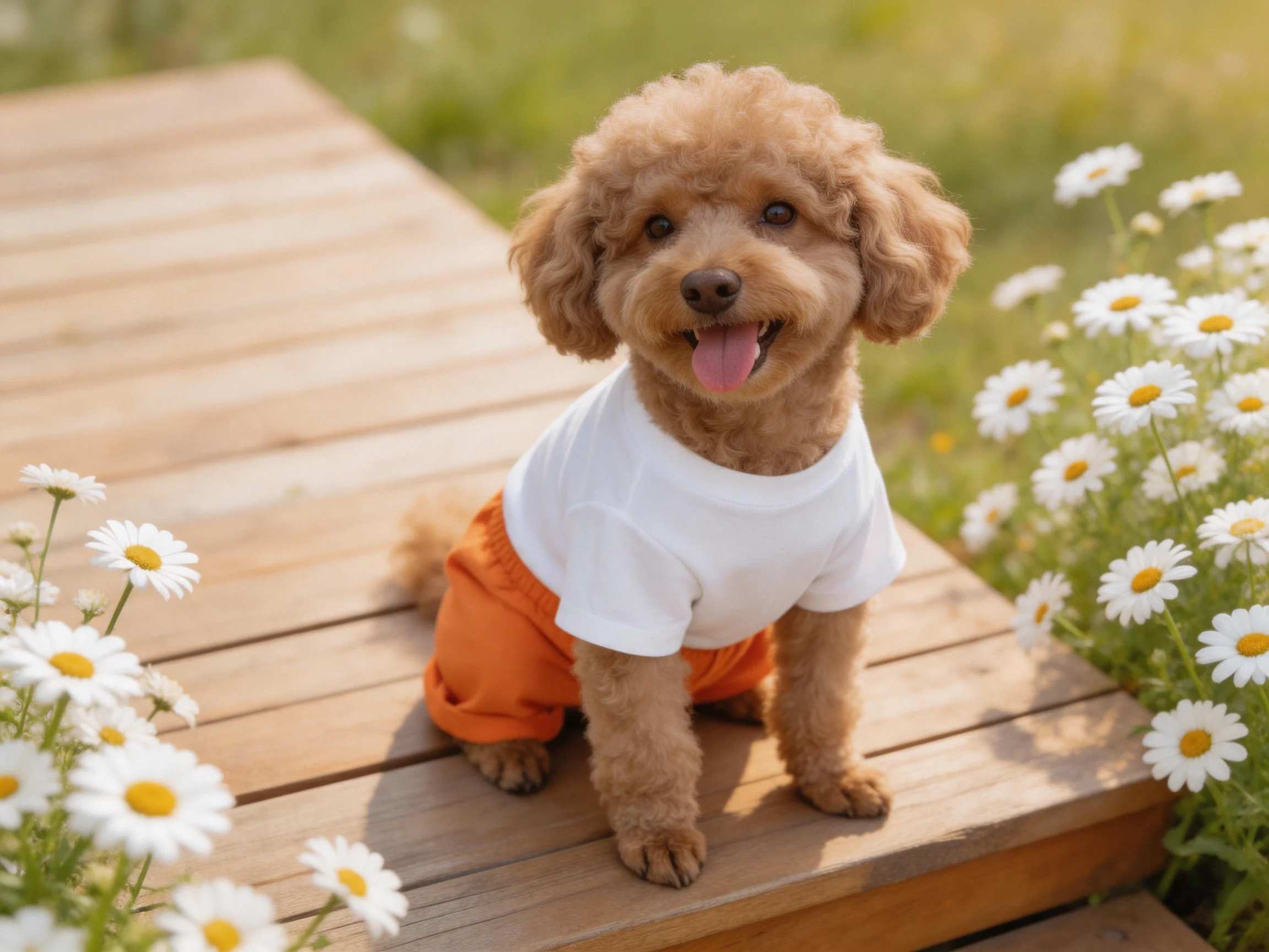 Brown poodle in white shirt and orange shorts sits among daisies on a wooden deck