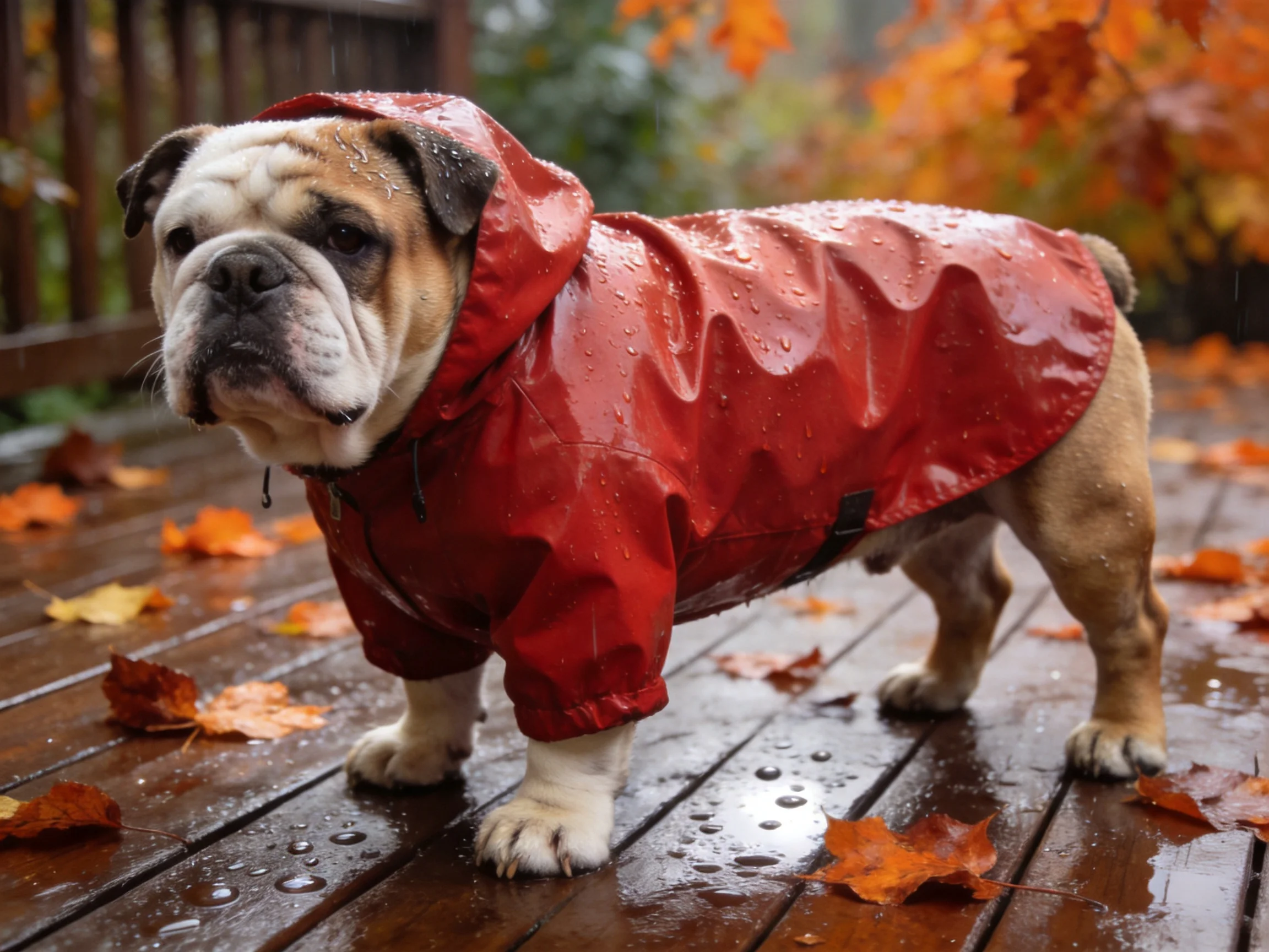Bulldog in bright red raincoat on wet wooden deck amid autumn leaves