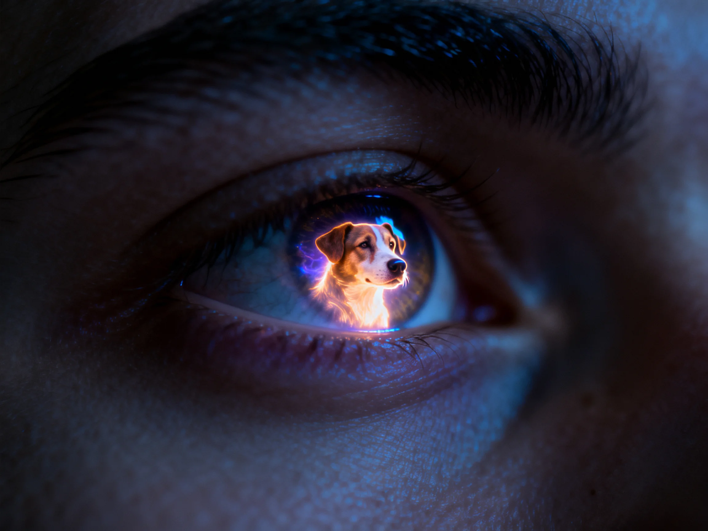 Close - up human eye reflecting a luminously lit dog